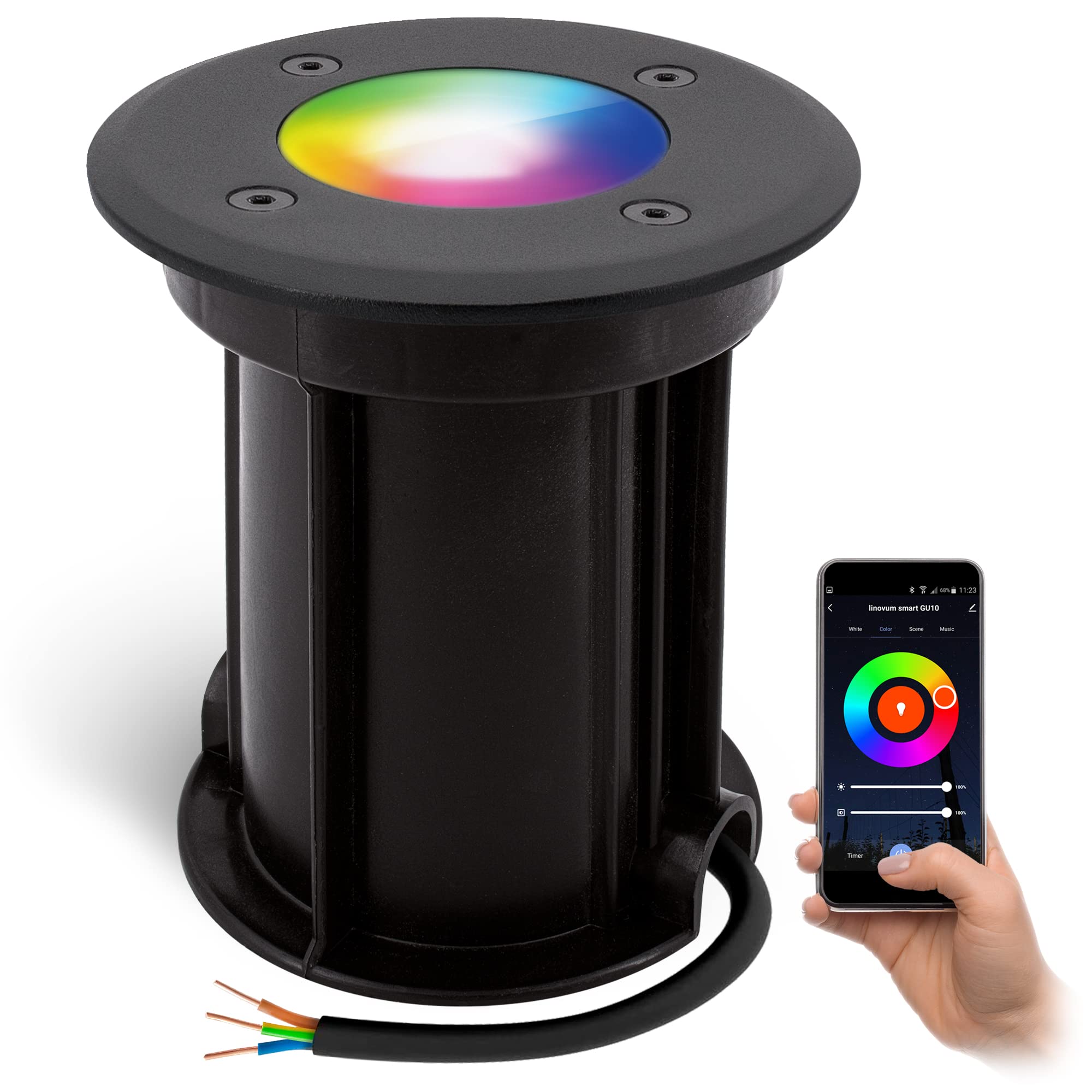 linovum BORU Bodeneinbaustrahler 4er Set schwarz Smart GU10 WLAN RGBW IP67 | Vier befahrbare Bodenstrahler bis 500kg - per App & Alexa steuerbar, RGB-Farblicht, für Garten & Wege, IP67, inkl. LED