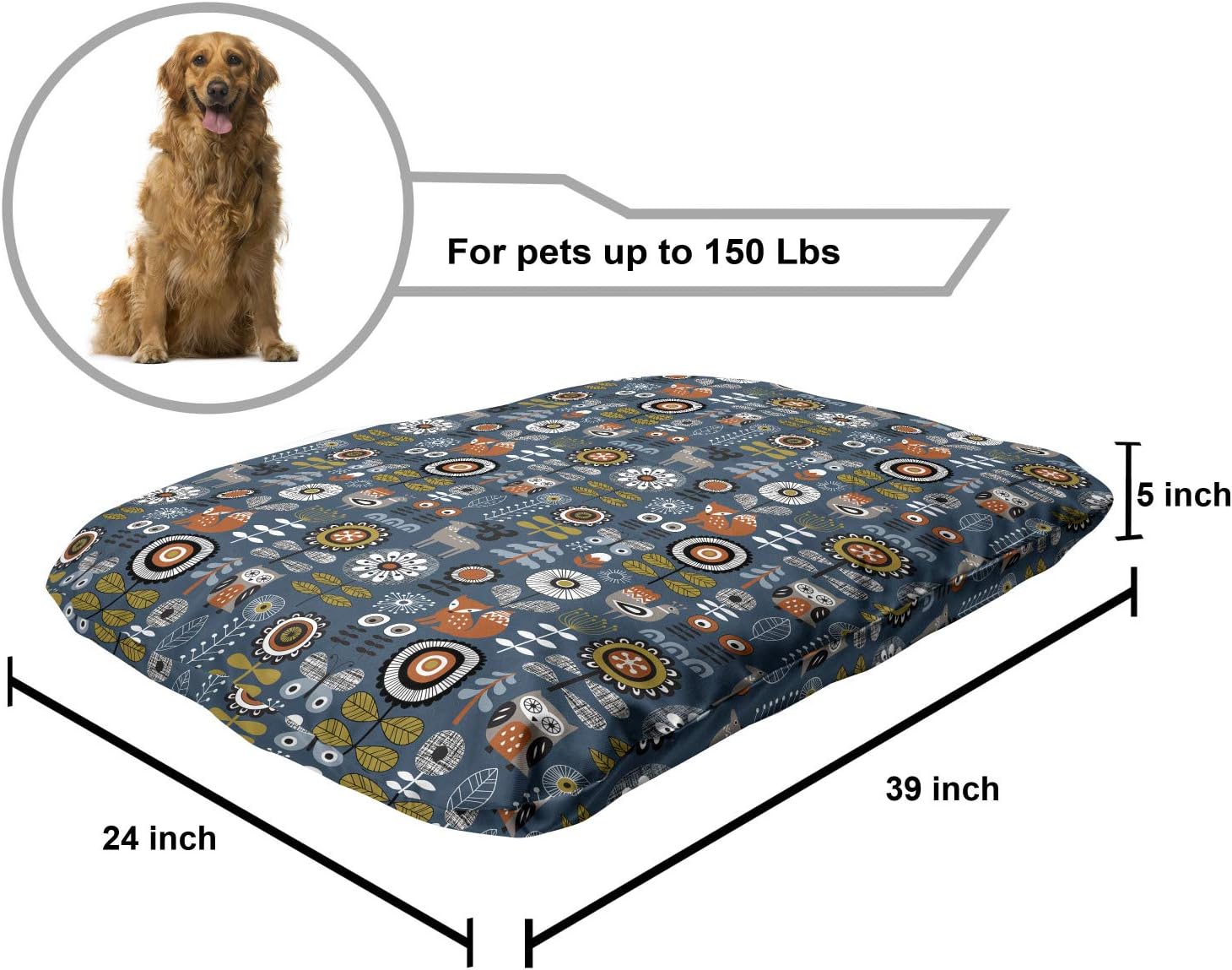 review Lunarable Scandinavian Pet Bed, Various Shapes and Woodland Animal Motifs Traditional, Chew Resistant Pad for Dogs and Cats Cushion with Removable Cover, 24