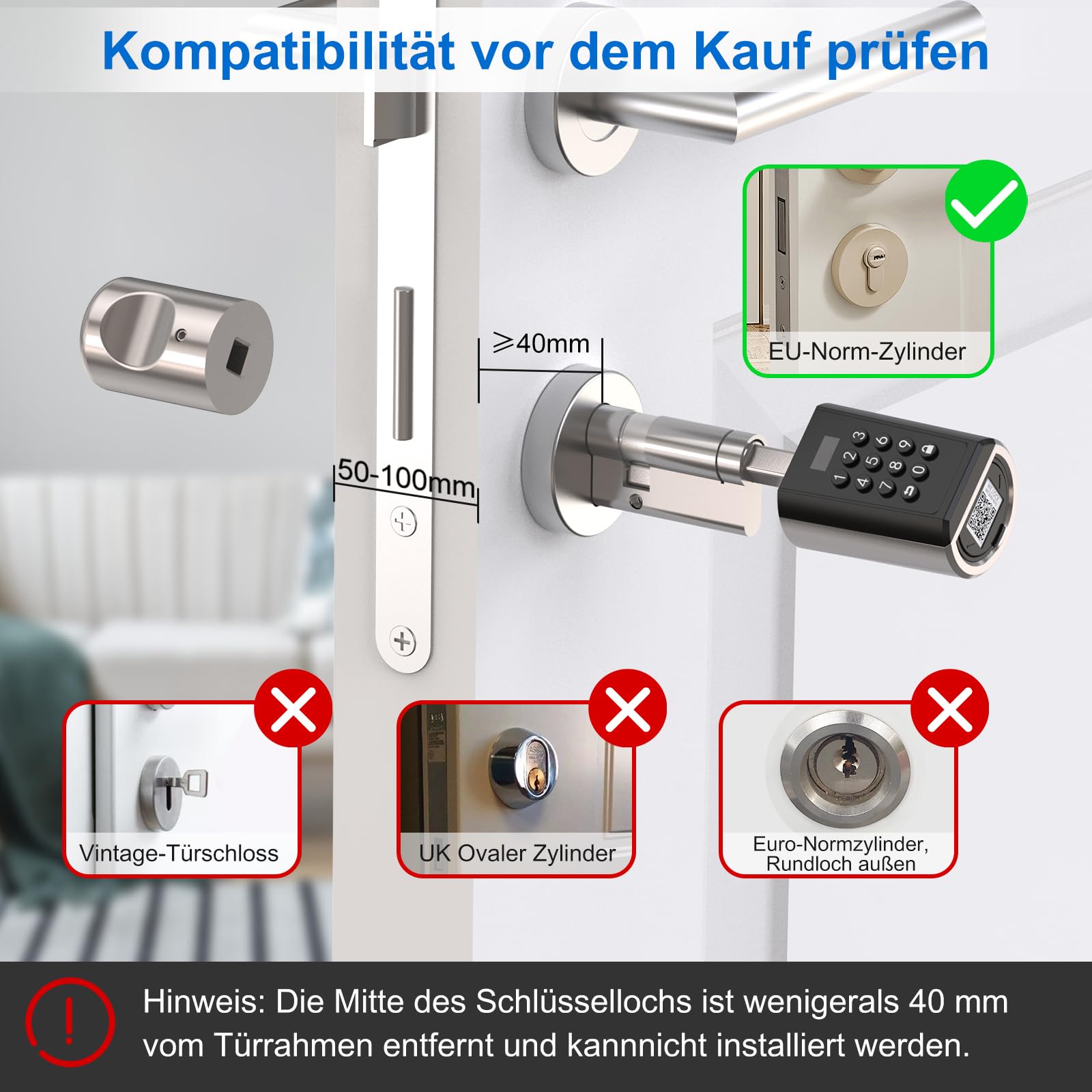 WELOCK Elektronisches Türschloss Haustür mit Pin Code, Wasserdichtes Elektronisches Türschloss mit Bluetooth und App, Geeignet für Türen von 50-100mm Dicke