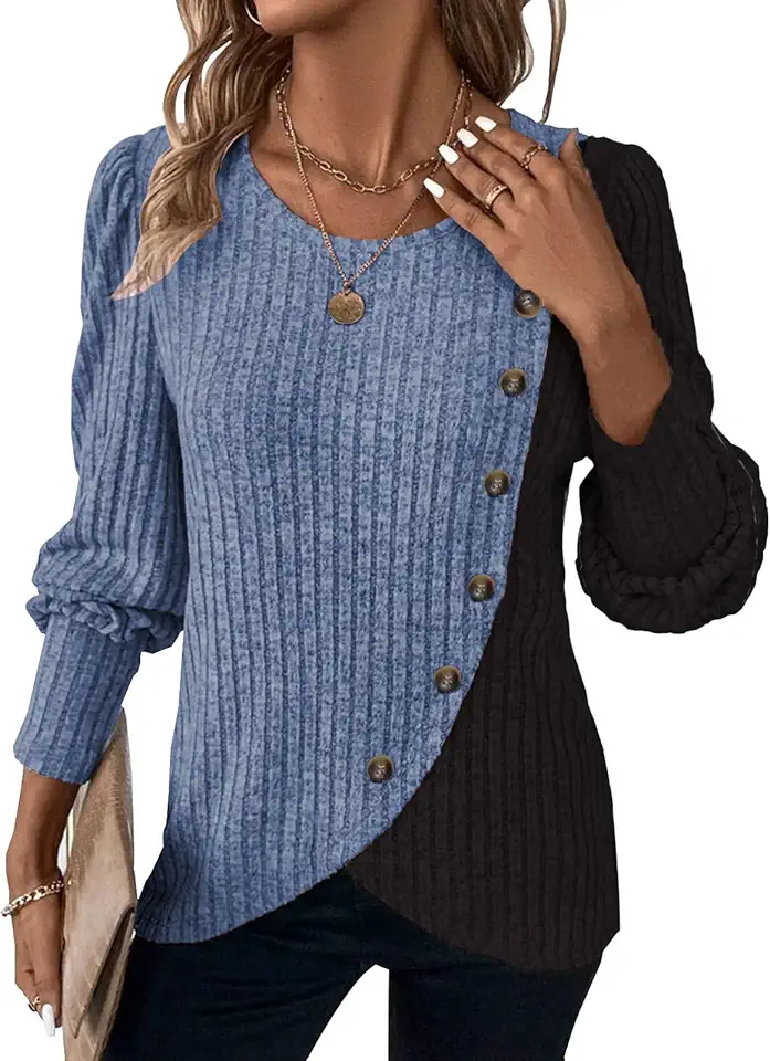 MixShe Womens Knit Sweaters 2025 Fall Winter Casual Long Sleeve Ribbed Colorblock Button Pullover Tops