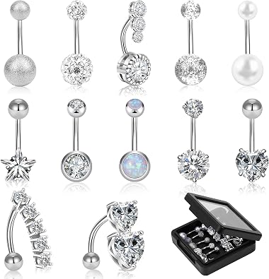 12/15/40Pcs Belly Button Rings 14G Belly Rings for Women CZ Dangle Curved Navel Barbell Body Piercing Jewelry with Gift Box
