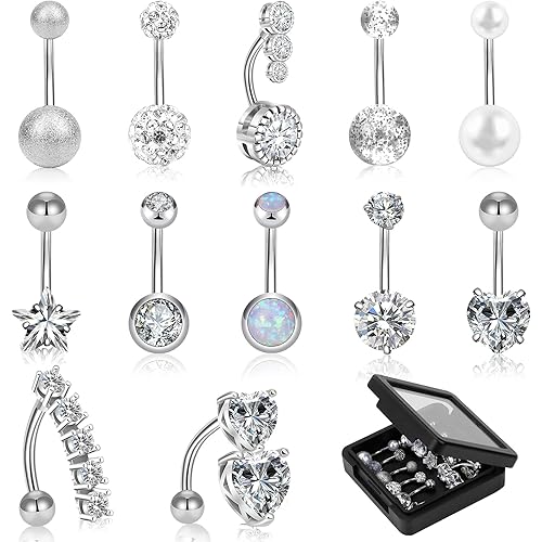 12/15/40Pcs Belly Button Rings 14G Belly Rings for Women CZ Dangle Curved Navel Barbell Body Piercing Jewelry with Gift Box
