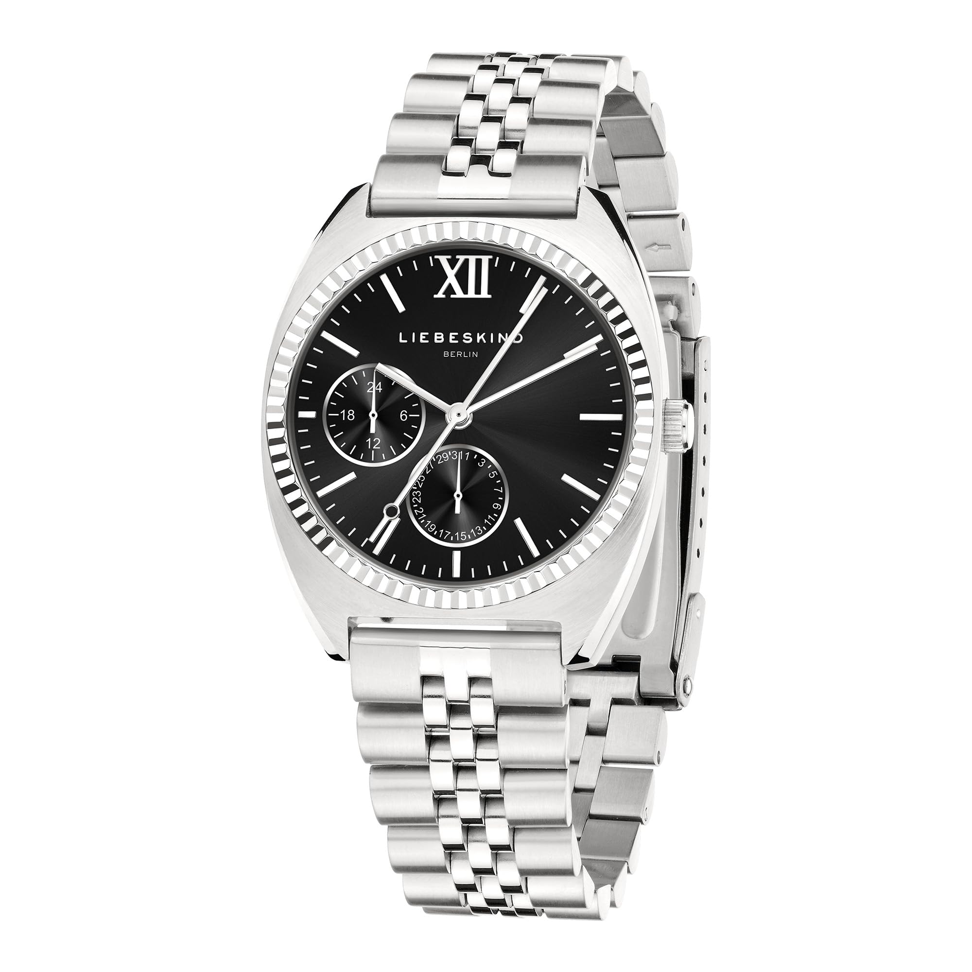 Liebeskind Berlin Set - Silberne Damenuhr mit schwarzem Zifferblatt und passendem Beads-Armband - Silber - Edelstahl - Analoge Armbanduhr mit Quarzwerk - 34 mm - 10 ATM - Kratzfest