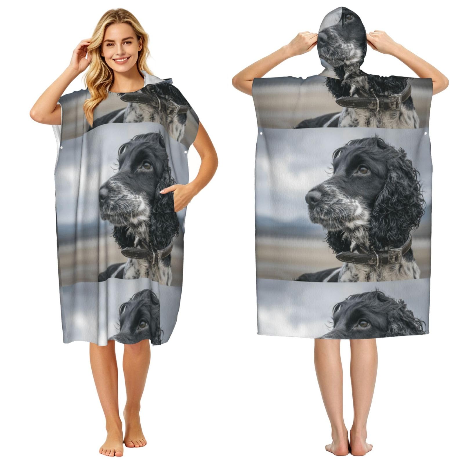 Poadnly English Cocker Spaniel Large Curly Ears Black, Adult Hooded Beach Towel 90 x 110 cm,Changing Bath Robe, Surf Poncho Towel For Women Men
