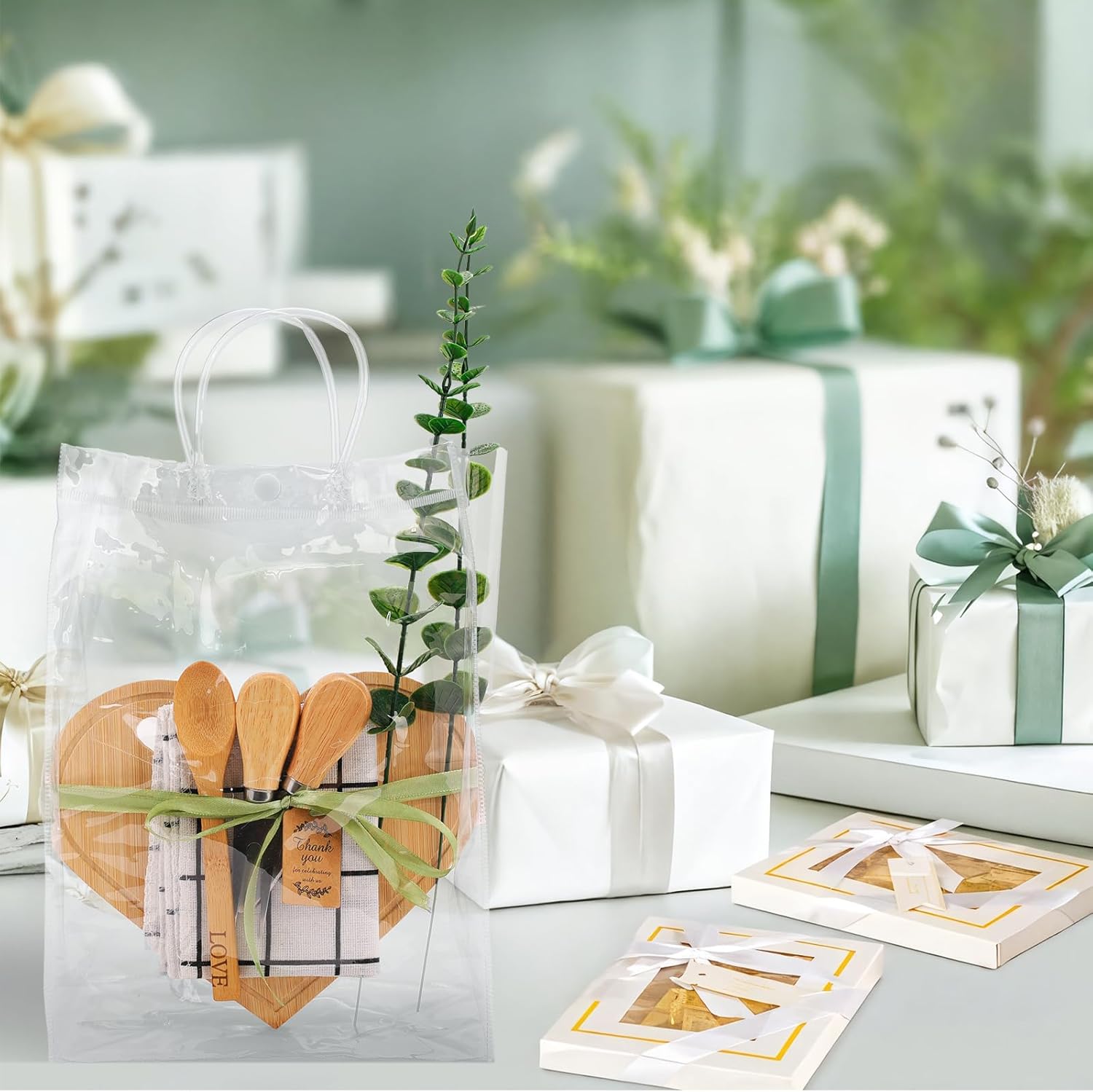 55 Pcs Baby Shower Prizes for Game Winners, 6 Sets Bamboo Cheese Board Kit with Utensils & Towel, Thank You Cards & Gift Bags for Adult Party Favors