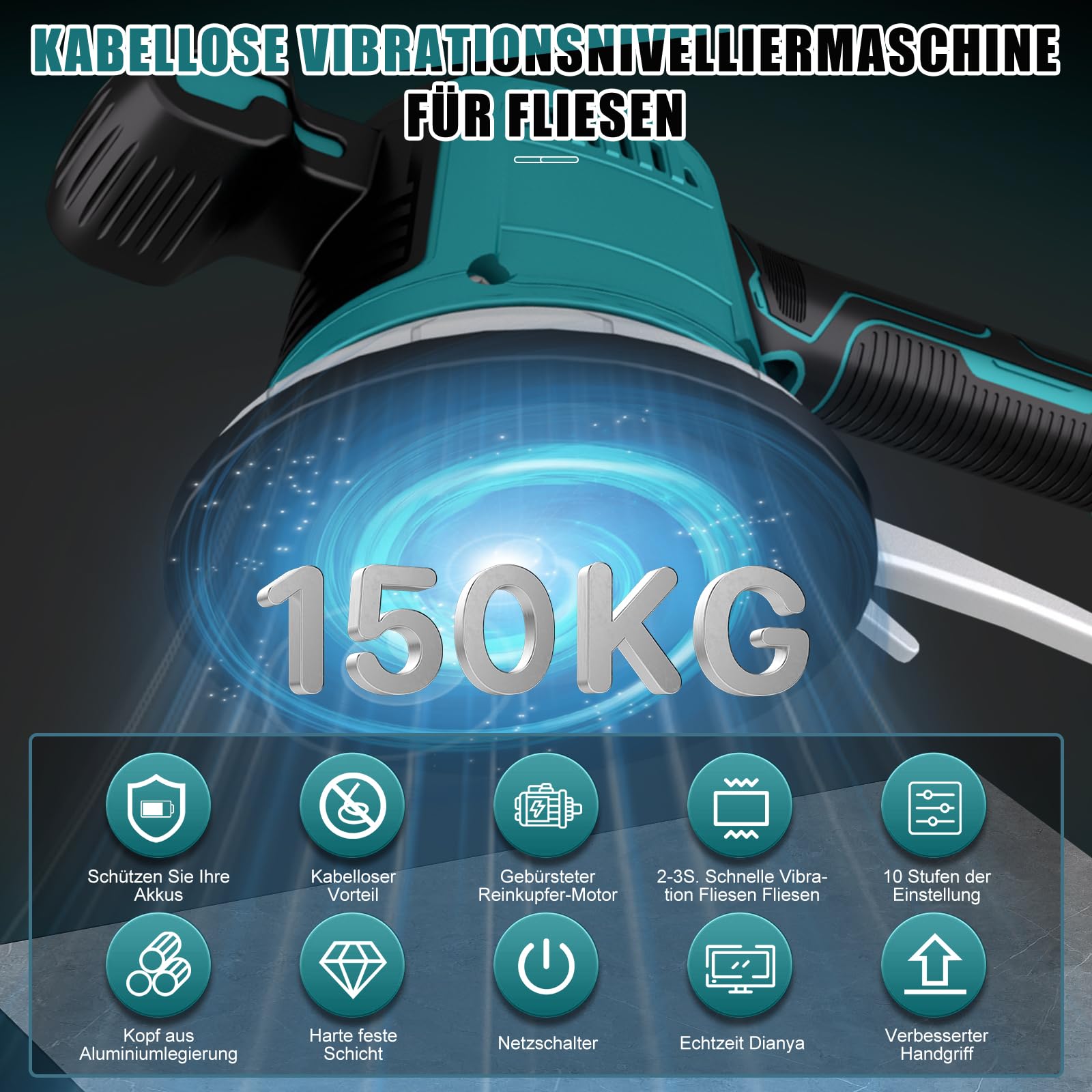 Vibrador baldosas sin cable para Makita 18 V batería, Máquina Pared Azulejos con 6 velocidades, ventosa de 14,8cm y 160 kg de adsorción para colocar baldosas de 30-120cm (Baterías no incluidas)