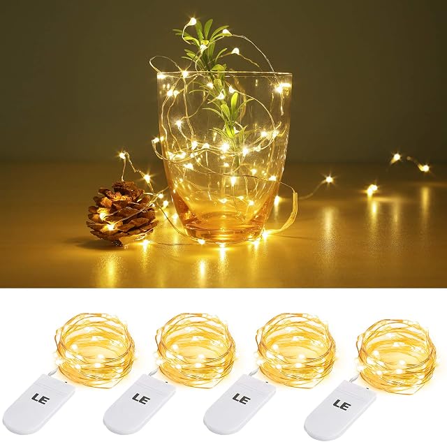LE Battery Fairy Lights, 1M 20 LED Small Fairy Lights Battery Operated, Warm White Waterproof Mini Copper Wire Fairy Lights for Bedroom, Wedding, Party, Birthday Decorations and More, Pack of 4