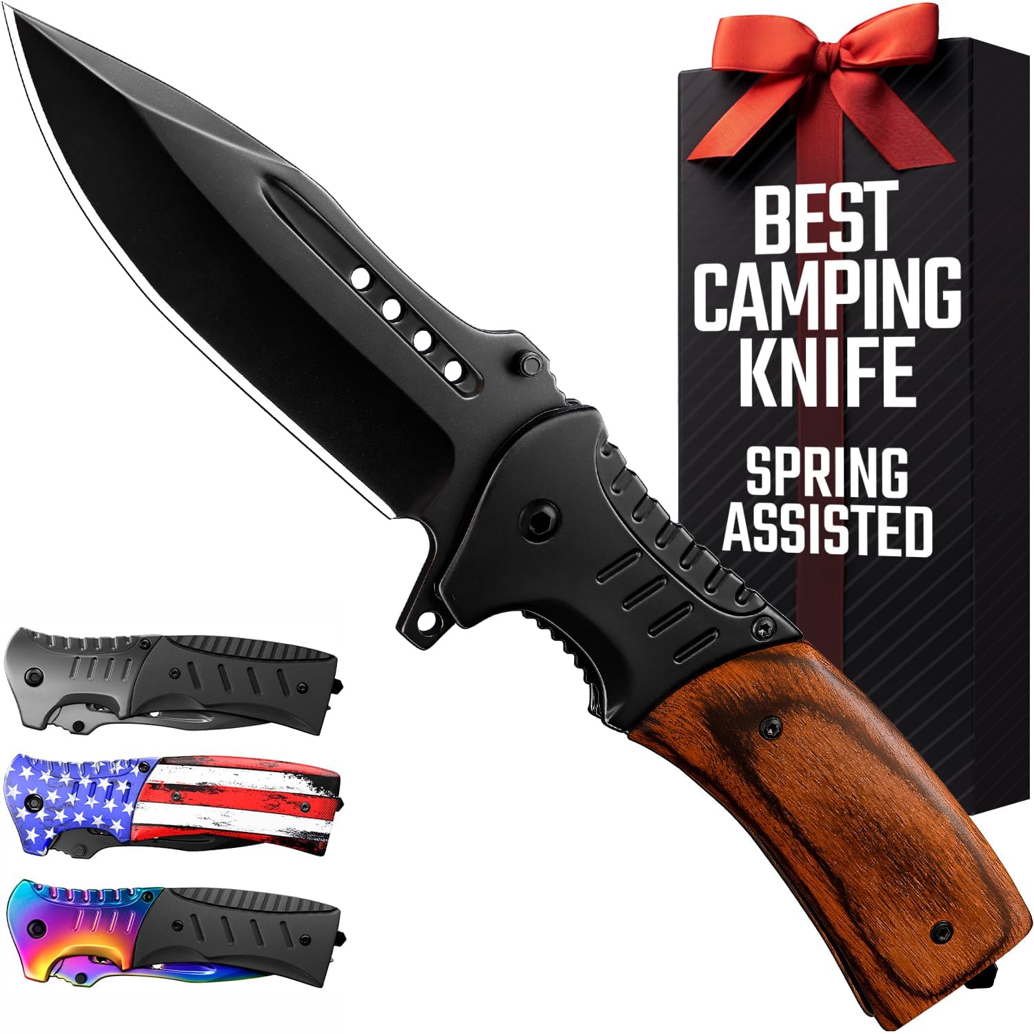 Spring Assisted Pocket Knife with Wood Handle Glass Breaker & Pocket Clip - 3.66" Sharp Blade - Tactical Folding Knives - for Men Women Hunting Camping Military Survival Hiking Work EDC 0207