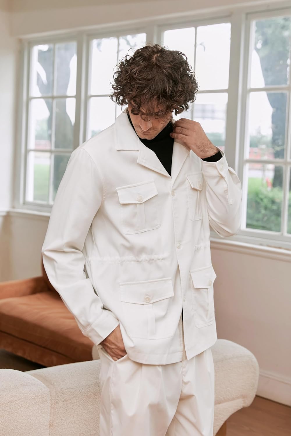 Betusline Men's Safari Linen Jacket Casual Long Sleeve Military Lightweight Cargo Jacket with Pockets - Image 5