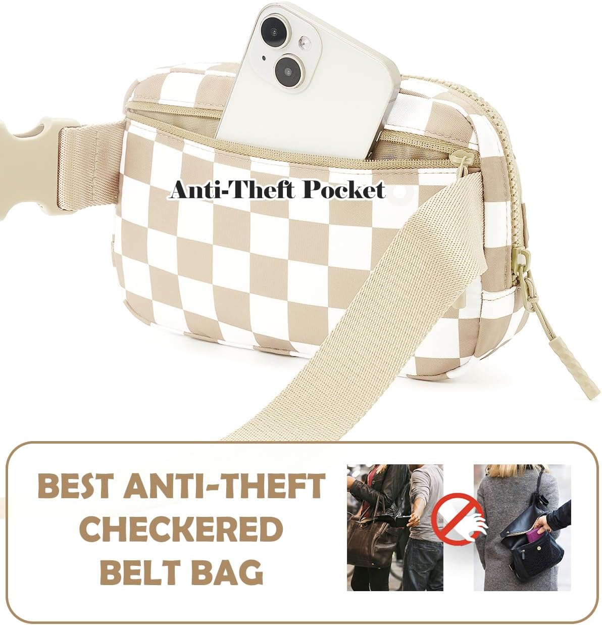 Checkered Fanny Pack Nylon Everywhere Belt Bag for Women,Water Repellent Waist Packs (Checkered Belt Bag-Beige) - Image 4