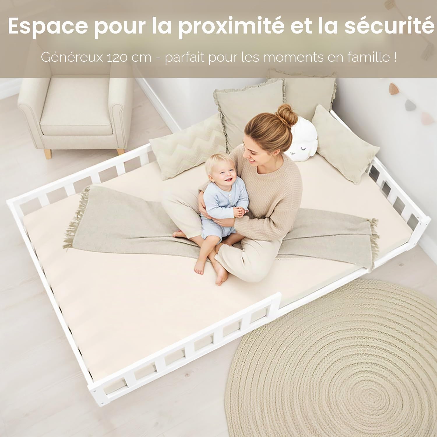 Homestyle4u Lit de sol, 120 x 200 cm, blanc, Montessori, pour enfant, avec protection anti-chute, en bois, sommier à lattes
