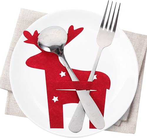 Miniatura 3 de LOGOFUN 8 soportes para utensilios de Navidad, alce de Navidad, para cena, cubiertos de fieltro para vajilla y bolsas decorativas (rojo)