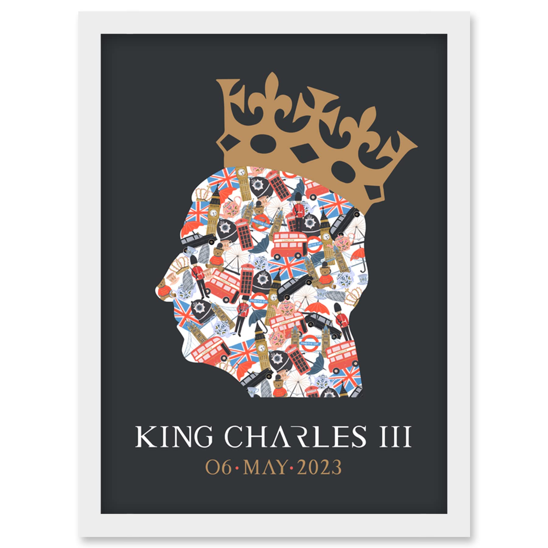 Artery8 King Charles III Coronation Date British Symbol Head Collage with Crown Grey Design Artwork Framed Wall Art Print A4