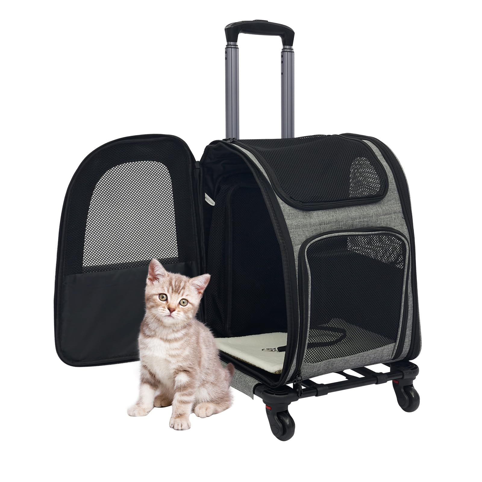Mochila para perros con trolley, 2 en 1, ampliable, caja de transporte para perros con ruedas, mochila grande para gatos de hasta 15 kg, portátil y transpirable, caja de transporte para perros y gatos