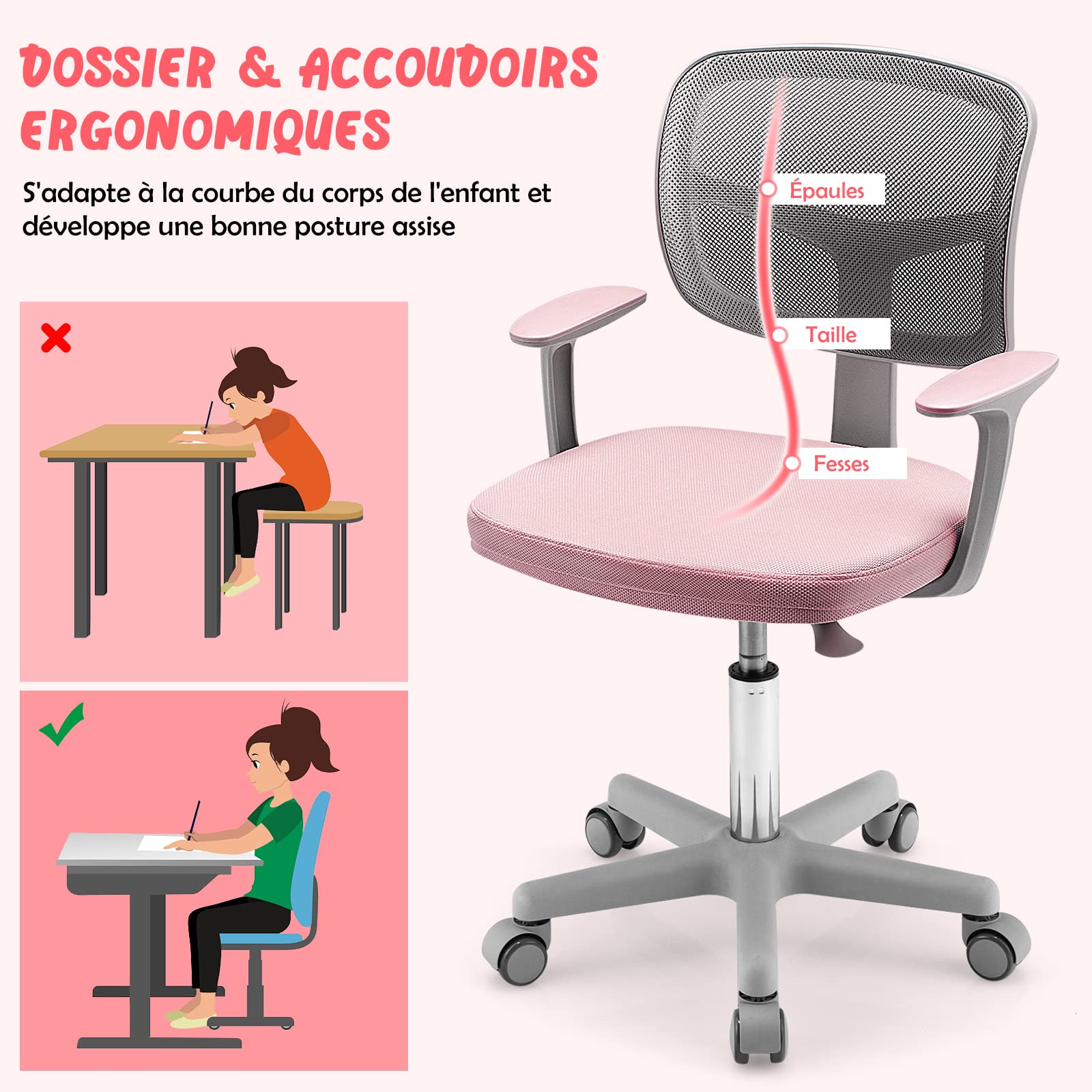 COSTWAY Chaise de Bureau Pivotante Enfants avec Hauteur Réglable 80-91,5cm, Siège à roulettes Enfants avec Dossier & Accoudoirs Ergonomique, Coussin Amovible, Charge 150kg pour 3-10 Ans