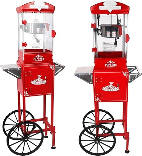 Miniatura 11 de Máquina de palomitas de maíz vintage con carrito, carrito de palomitas de maíz de 20 onzas, máquina de palomitas de maíz con gabinete de Rojo
