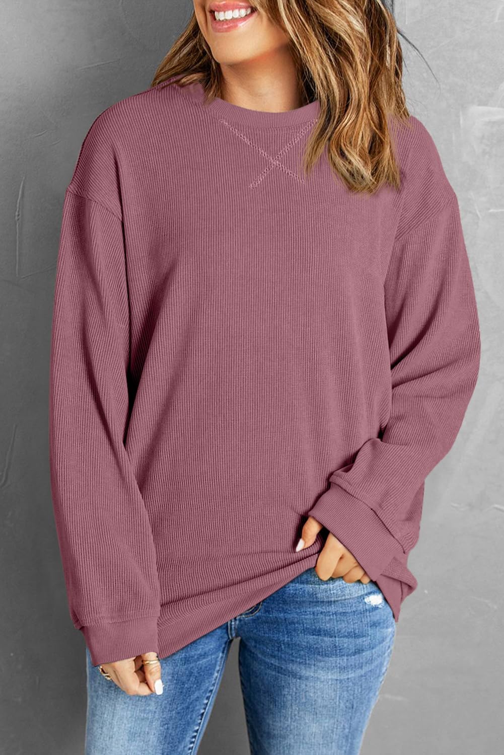 Womens Sweatshirts Casual Cored Corduroy Pullover Tops Oversized Long Sleeve Crewneck Shirts - Image 4