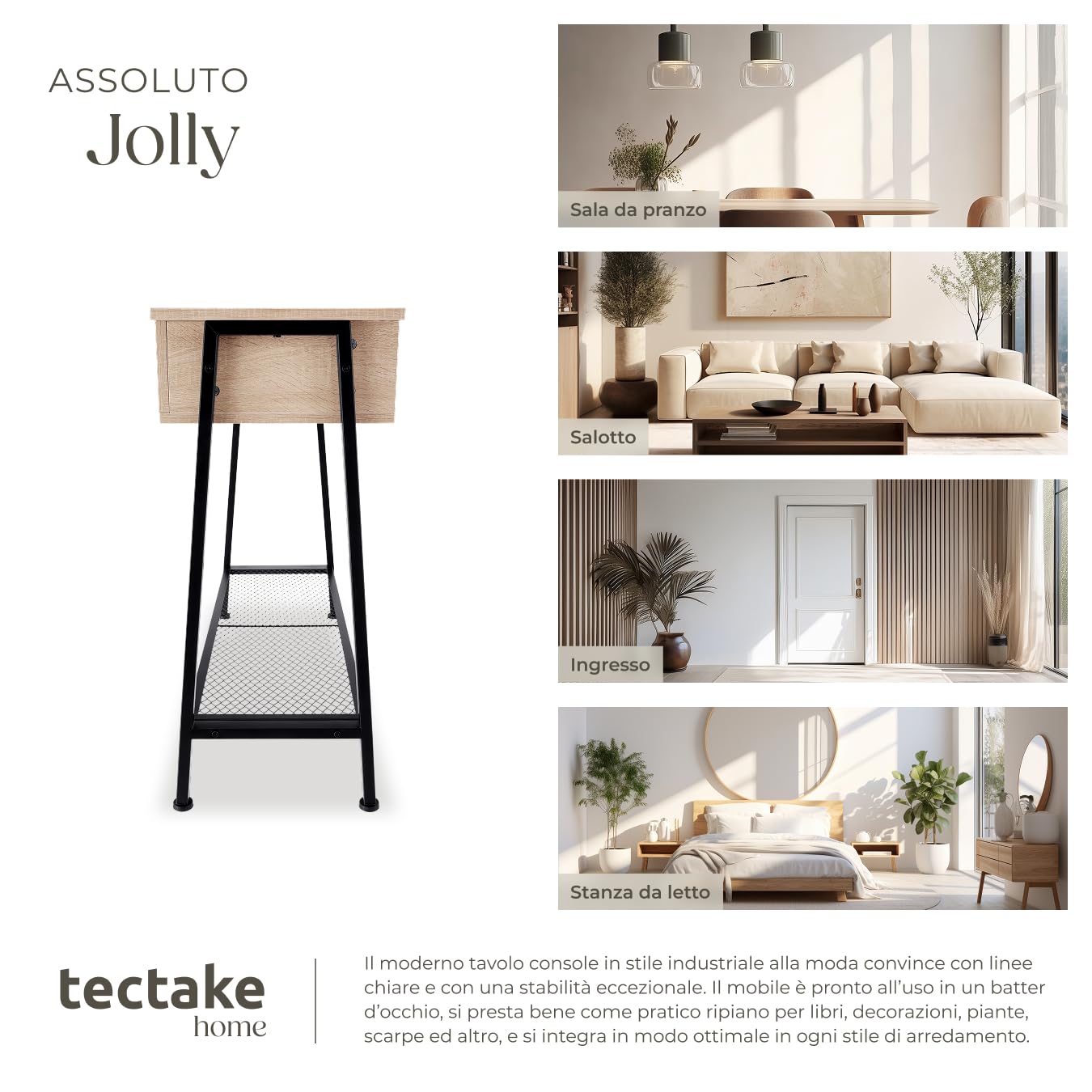 tectake® Tavolo Console, Struttura in Acciaio, Piano in Legno, Ripiano in Reticolato, Piedi Regolabili, Mobile Ingresso, Stile Industriale, Design Moderno - Industriale Legno Chiaro, Rovere Sonoma