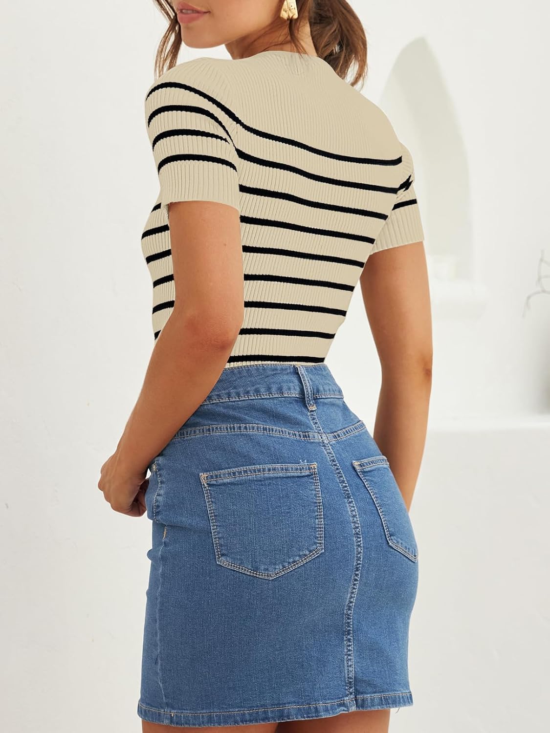 ZESICA Women's Short Sleeve Crewneck Striped T Shirt 2026 Summer Ribbed Knit Slim Fit Casual Basic Tee Tops - Image 4