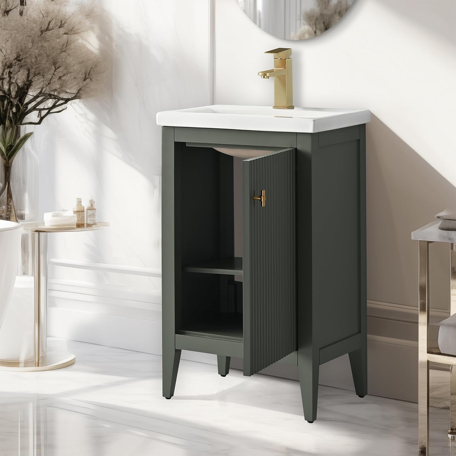 Vanity Art 20 inch Bathroom Vanity with Single Sink & Ceramic Top, Vanity Cabinet with Soft-Closing Door, Solid Wood Frame, Linear Pattern, Vintage Green, Golden Brushed Handware VA9120-VG-GB