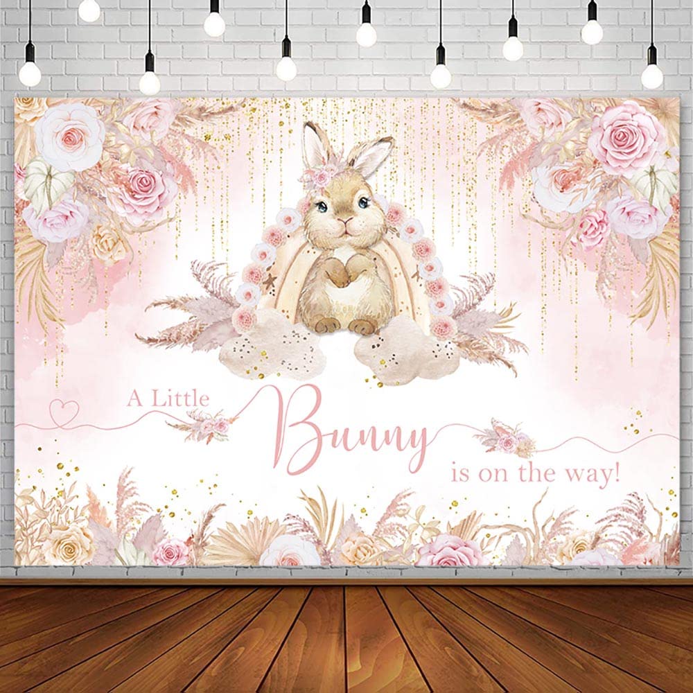 AIBIIN 7x5ft Bunny Baby Shower Backdrop for Girl Easter A Little Bunny is on the Way Photography Background Boho Rainbow Floral Pampas Blush Pink
