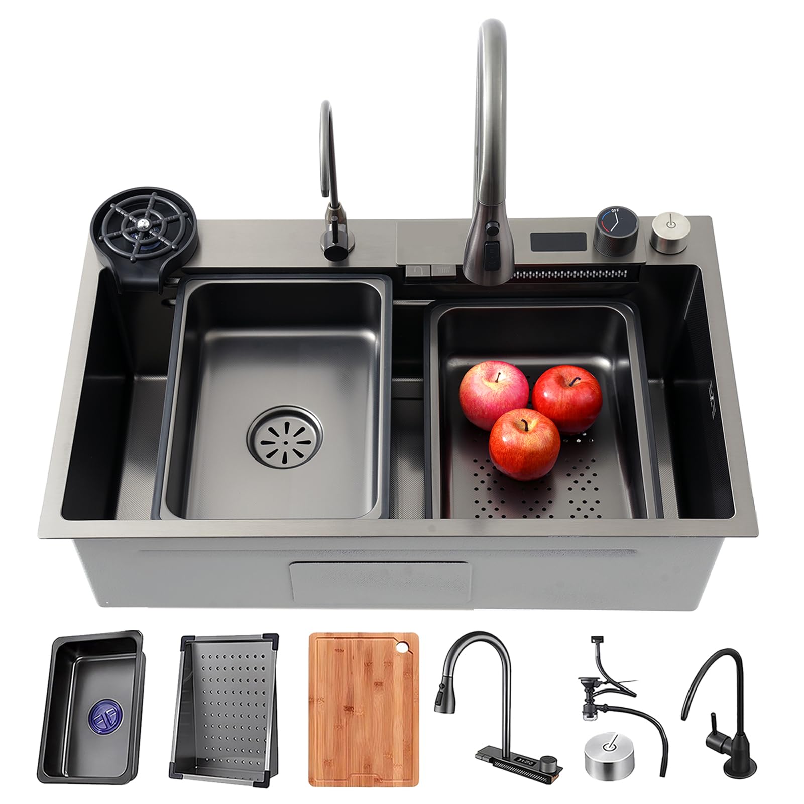 YADZISW Large 75x45 cm Black Stainless Steel Waterfall Kitchen Sink with Extendable Tap Glass Rinser Drain Pipe 1 Basin Workstation for Efficient Cooking and Cleaning