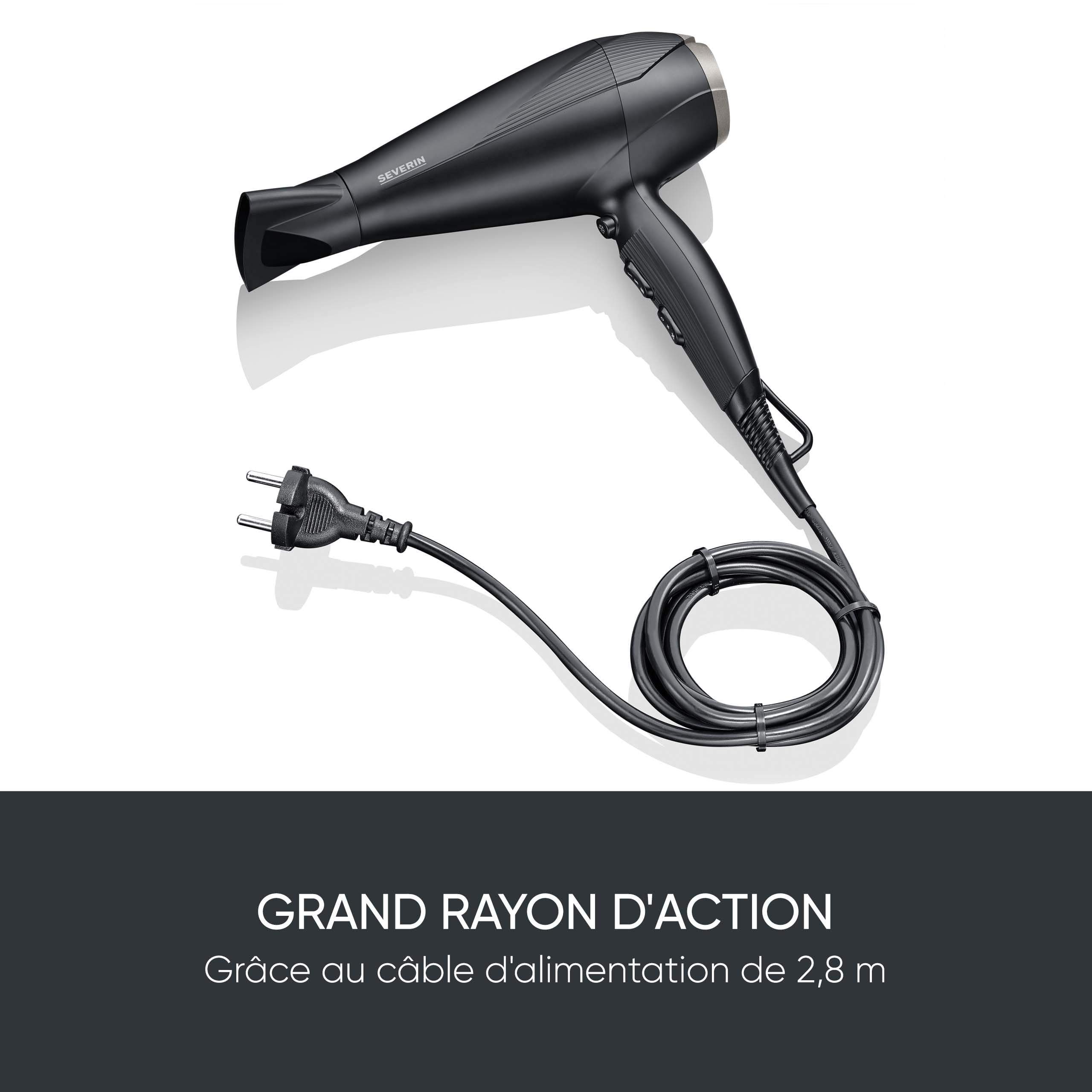 SEVERIN Seche cheveux performant avec moteur AC et technologie ionique, Sèche cheveux avec diffuseur et concentrateur amovibles, sèche-cheveux puissant 2 300 W, Noir, HT 0167