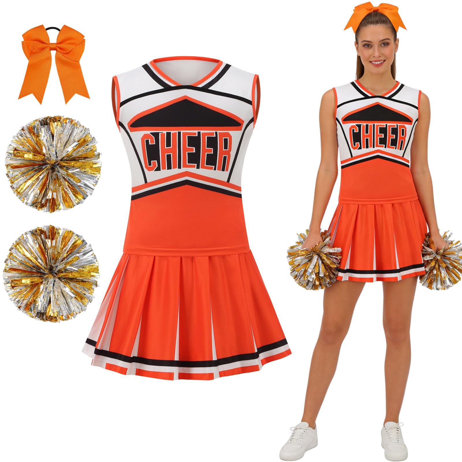 maxToonrain Women Cheerleader Costume 5 PCS Classic Style Adults Cheerleader Outfit with Pom Poms, Top, Skirt, Stockings and Headband for 2026 High School Musical Events Halloween (Orange, L)