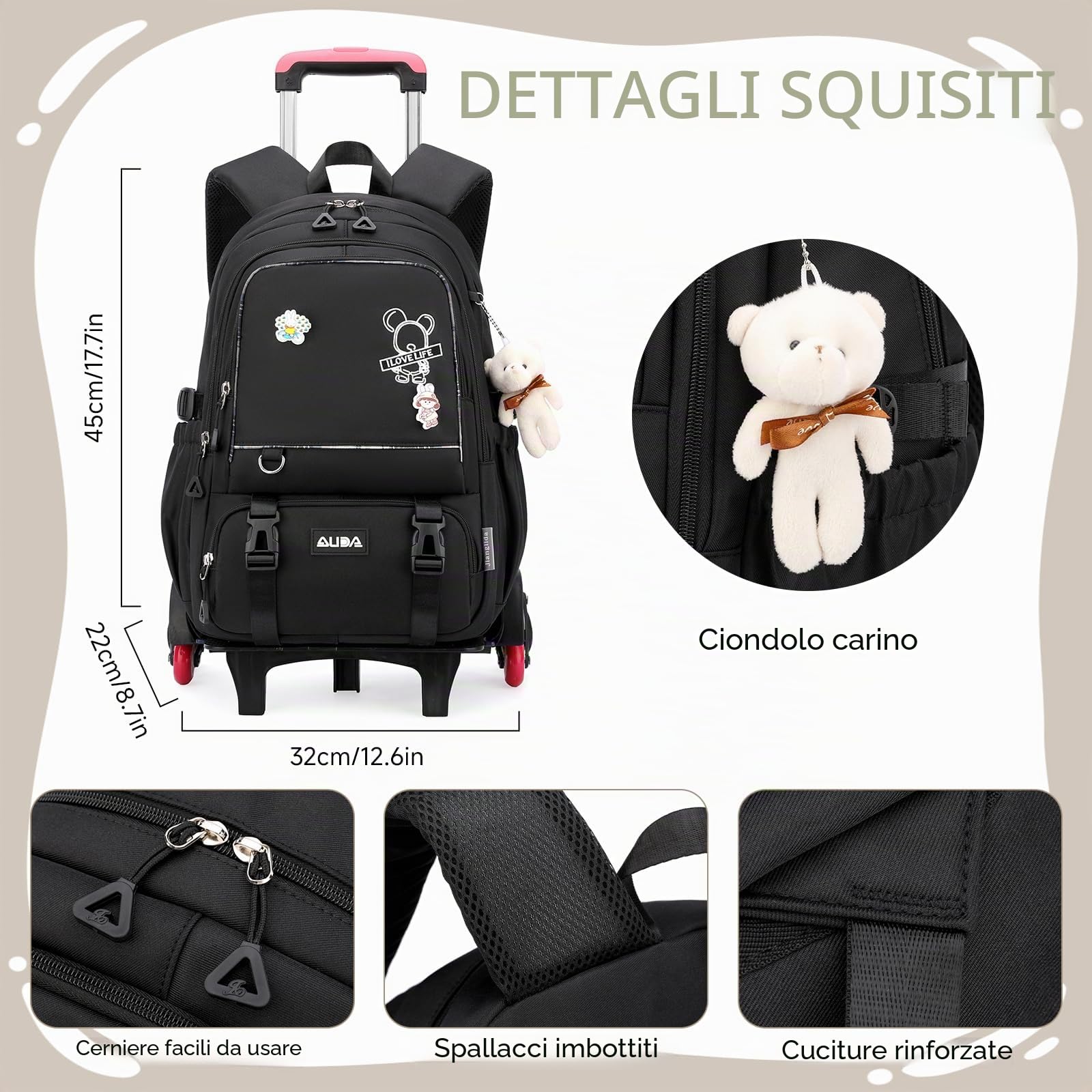 Amythe Zaino con Rotelle per Ragazza, 6 Ruote, con Ciondolo, Nero | 2 in 1 Zaino Trolley Scuola Elementare Media per Bambina Adolescenti da 9 a 18 anni, Carrello Removibile, Ritorno / Viaggi