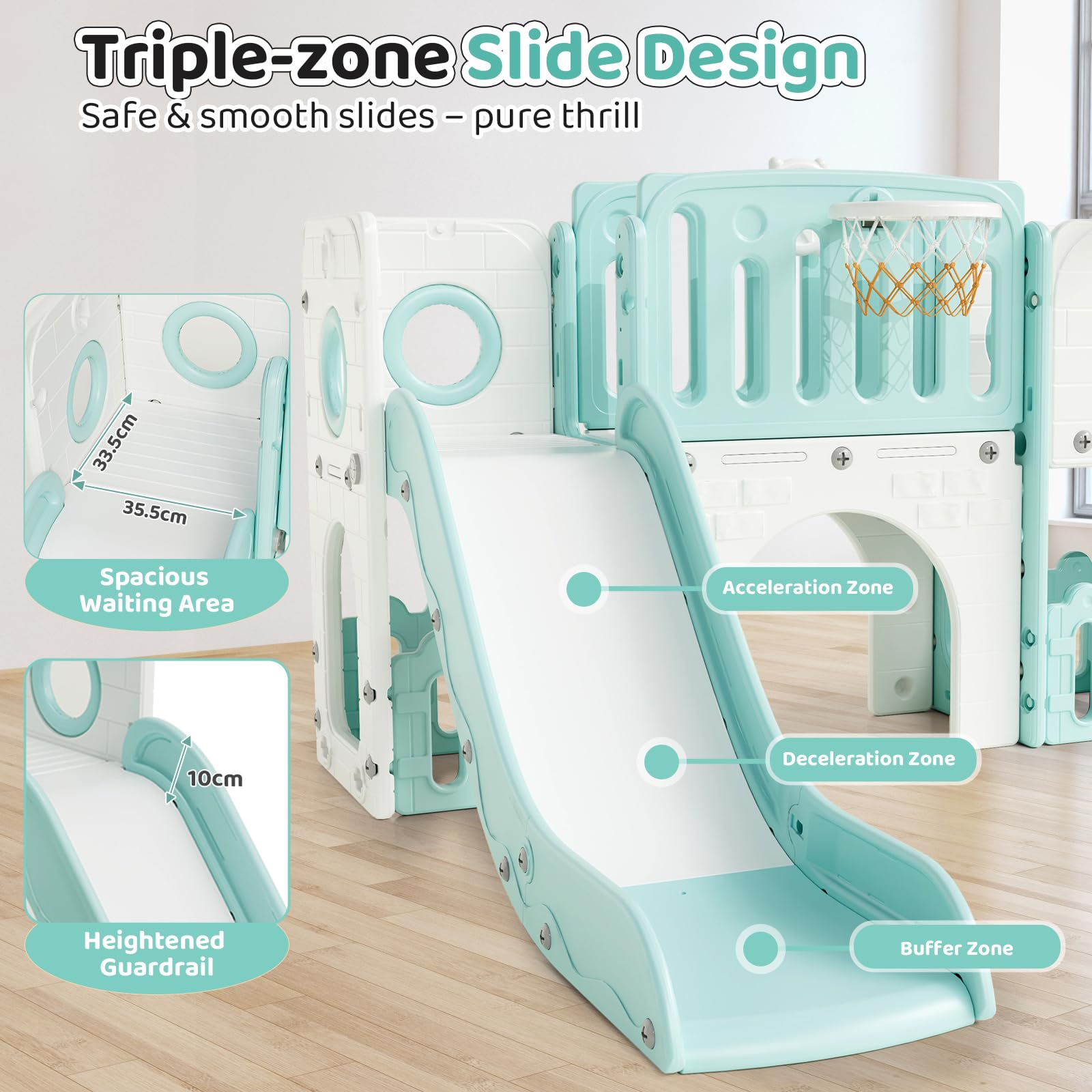MAMIZO 9 in 1 Scivolo per Bambini, Scivolo Giocattolo da Interno o Esterno Canestri da Basket e Telescopi, Scivolo da Giardino Spazio di Deposito e Tunnel,2 anni e oltre,mit 2PCS Moduls,Verde e Bianco