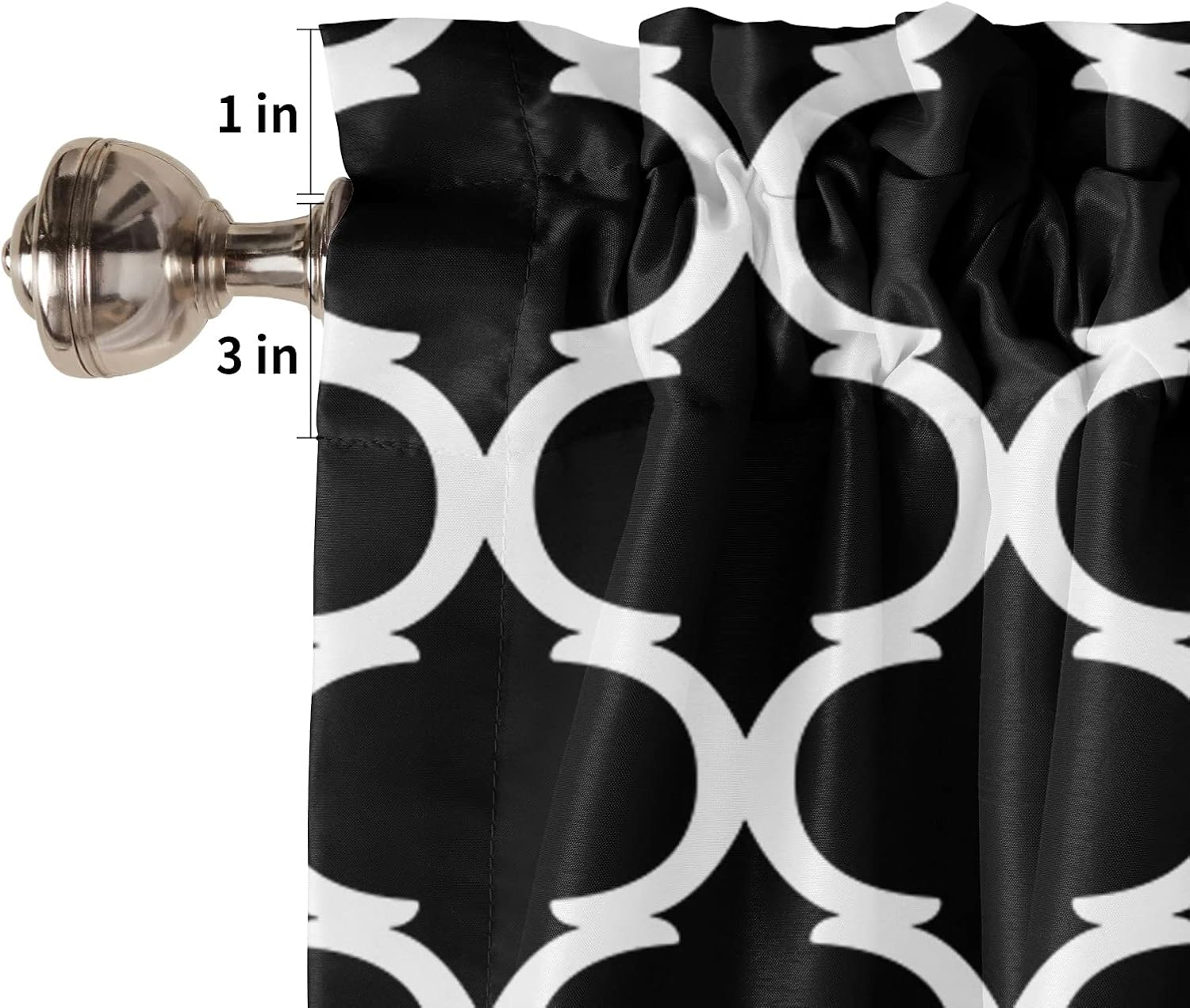 3 Pieces Kitchen Curtains & Valances Set, Moroccan Geometric Pattern, Short Curtain Rod Pocket Window Curtain, Black White, Window Treatment Tiers Valances (Single Panel 54"x18",2 Tiers 27.5"x24")