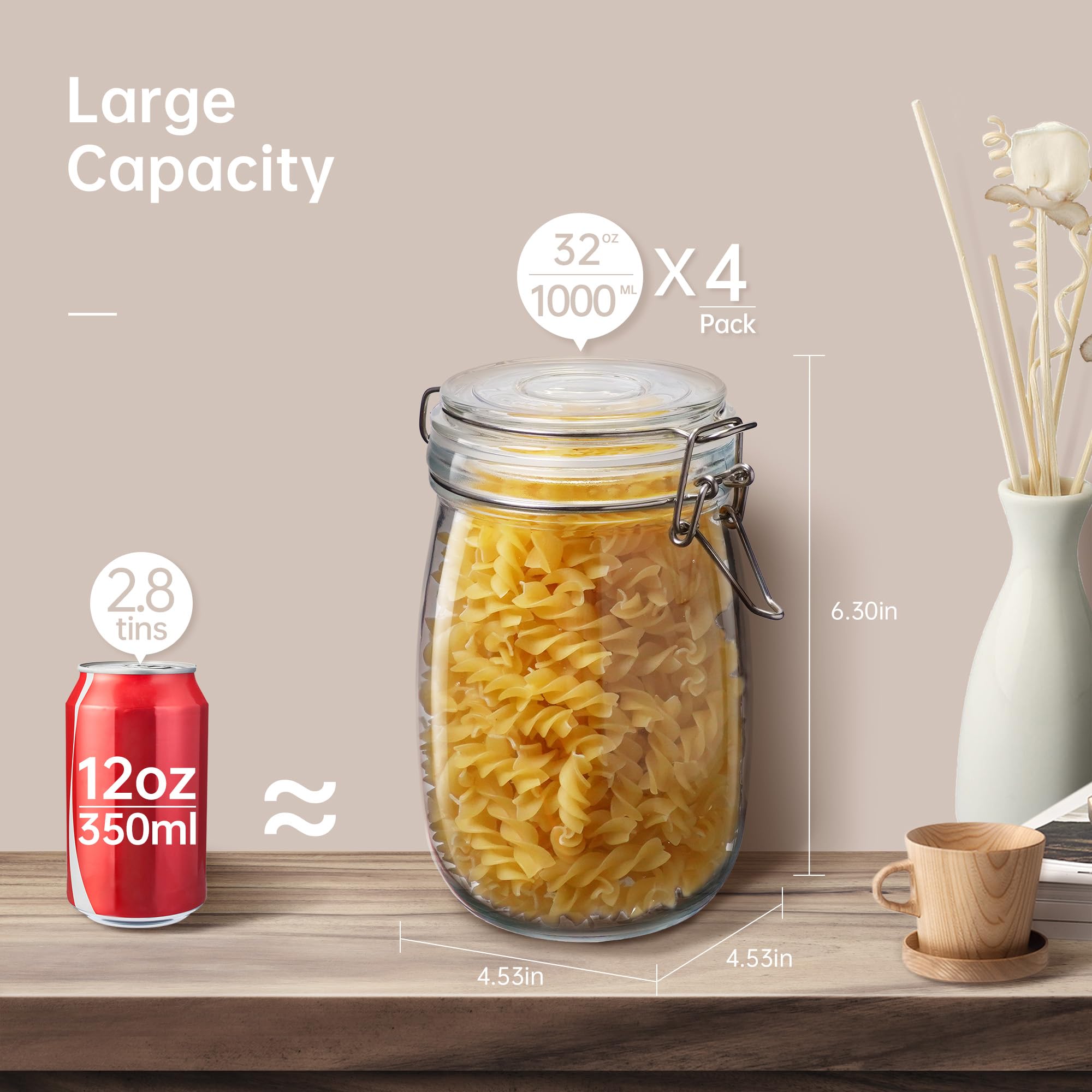 Glass Jars With Airtight Lid 32 Oz (Set Of 2) Wide Mouth Mason Glass Sealed Storage Canisters Leakproof For Coffee Sugar Nuts Spice Refrigerator Pickles & Preserves Tea For Fridge Kitchen