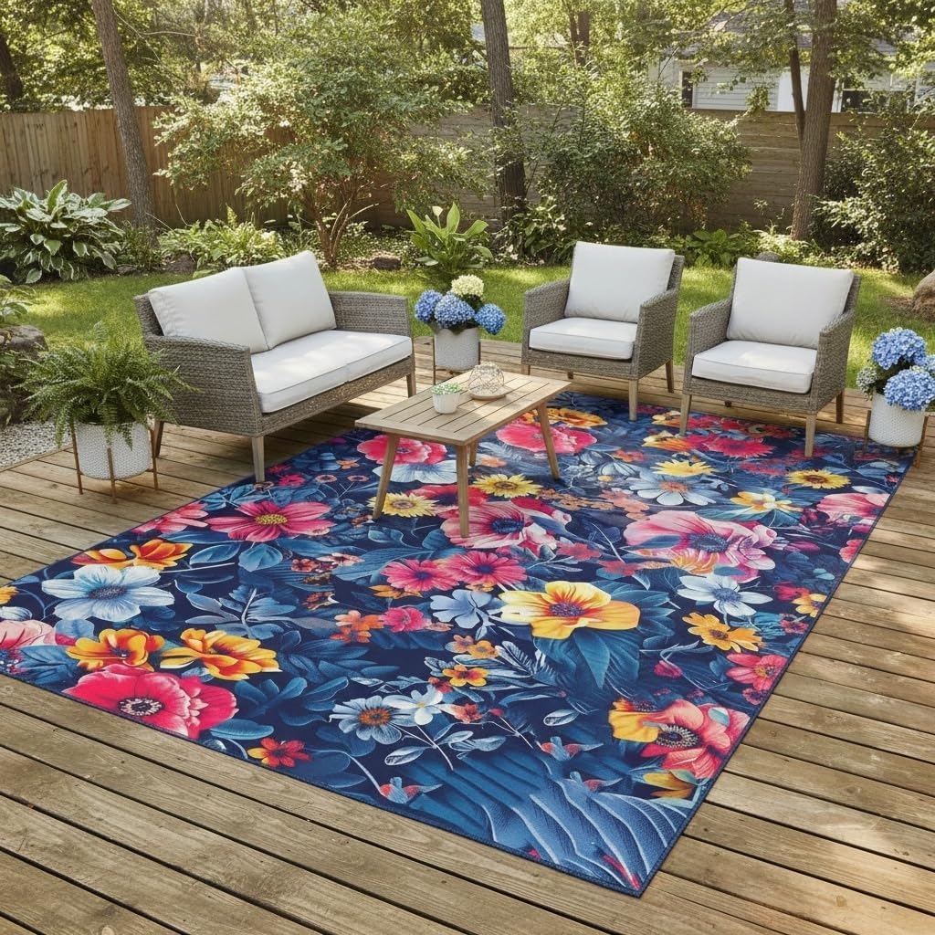 Navy Blue Pink Yellow Vibrant Floral Outdoor Rug Modern Flower Texture Rugs for Patio Deck Porch Balcony Waterproof Non Slip Camping Garden Large Outside Carpet Easy Clean Machine Washable Mat 9x12