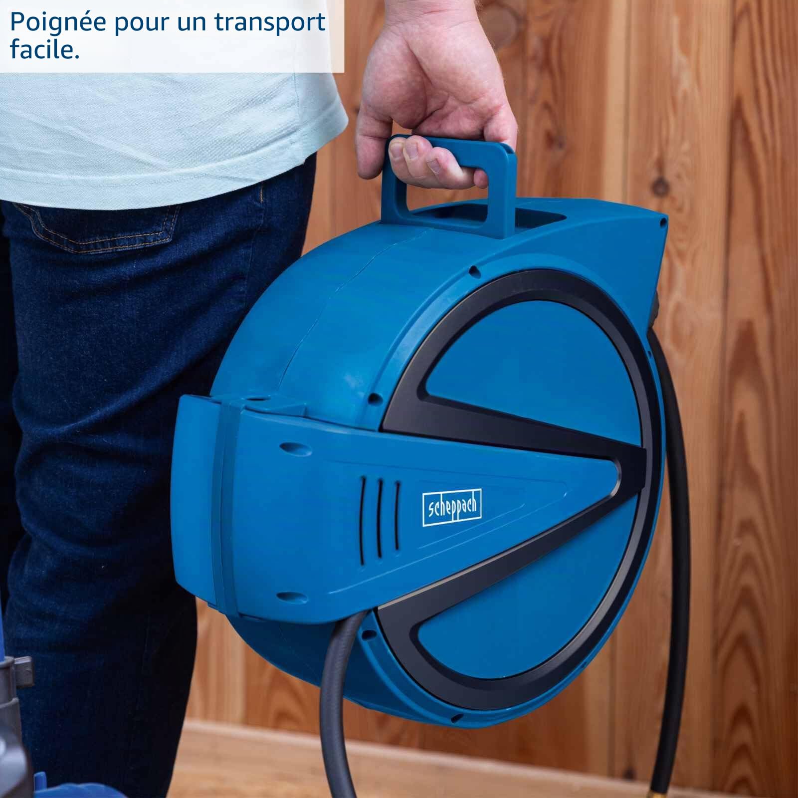 Scheppach Enrouleur de tuyau d'air comprimé - 15 m - Pression de travail : 15 bar - Diamètre intérieur : 9,3 mm - Diamètre intérieur : 15,3 mm - Orientable à 180 ° - Portable - Avec arrêt automatique