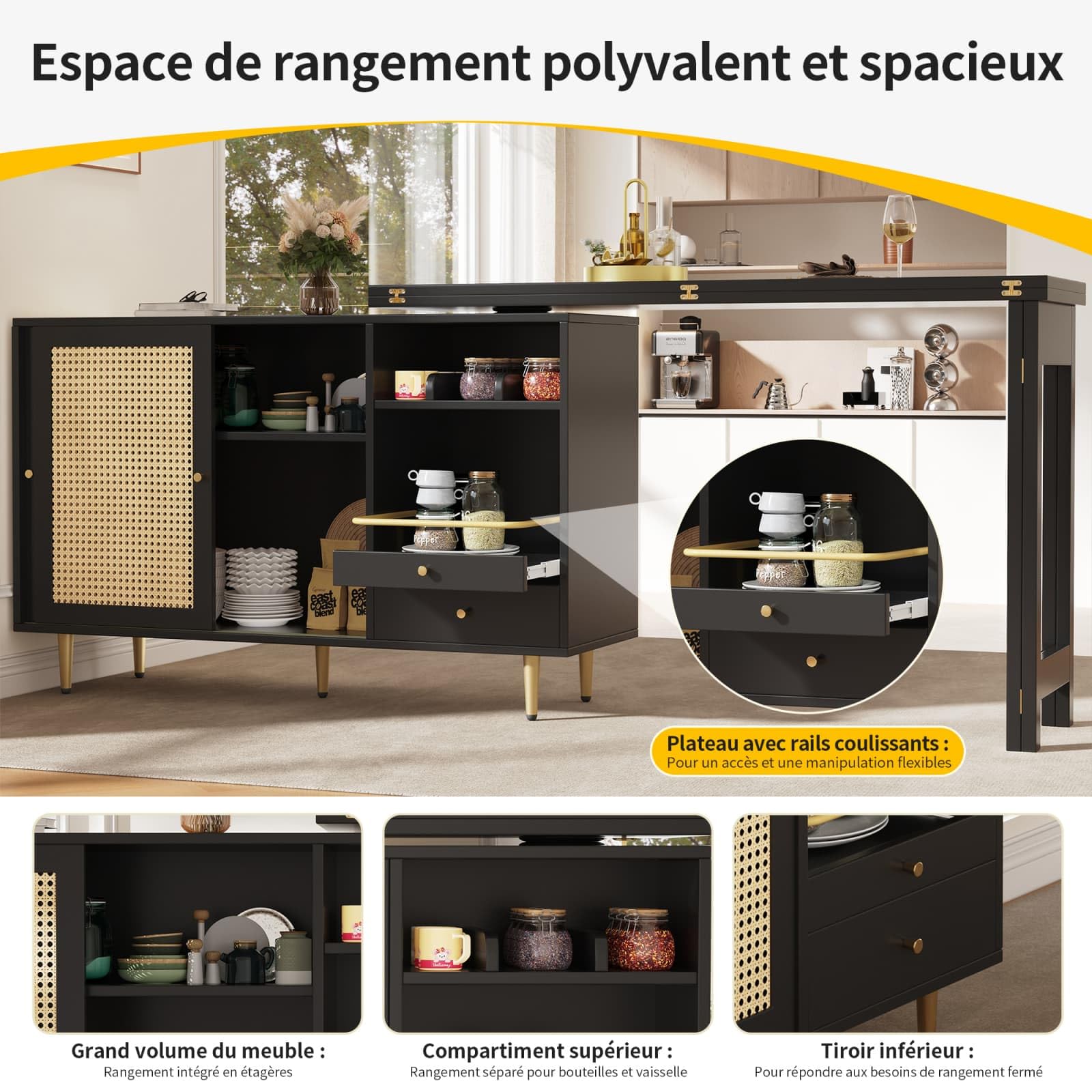 KOMHTOM Central Cuisine avec Rangement et Plan de Travail Table Cuisine Petit Espace, desserte Cuisine avec tiroirs et 2 Portes Table Bar avec Table à Manger et buffets (Noir)(Chaise Non Incluse)