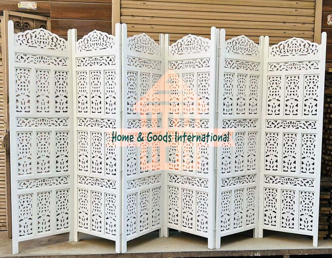 Home & Goods International Wooden Room Divider Partition - Foldable Wood Screen Separator for Living Room, Bedroom, Office, Restaurant - Kangra Badrun, (6 Panel White)