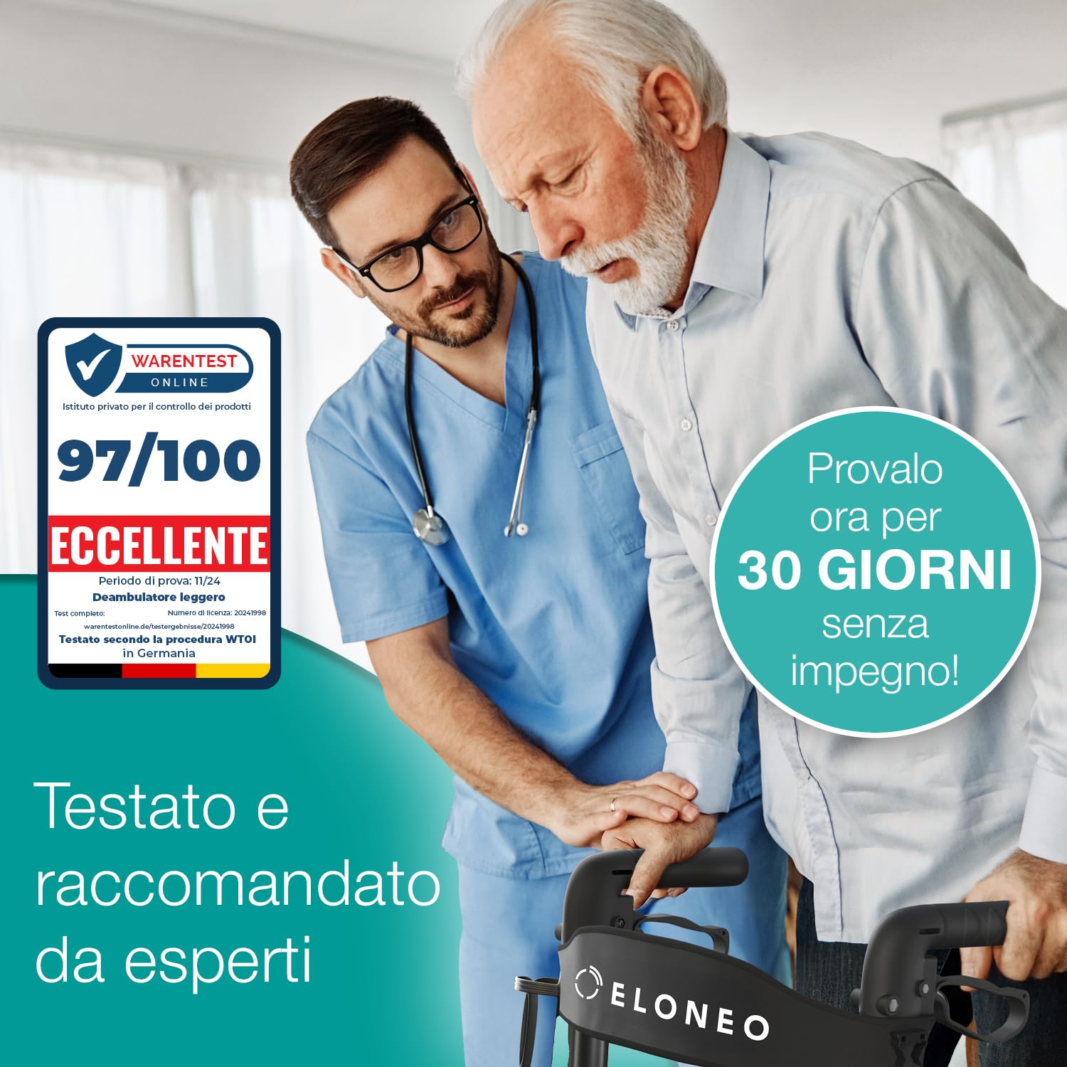 ELONEO Deambulatore con Seduta - Girello per Anziani con 4 Ruote Leggero, in Alluminio, 8 Altezze Regolabili, Deambulatore Pieghevole con Borsa e Porta Ombrello, Adatto all'Auto (Nero)
