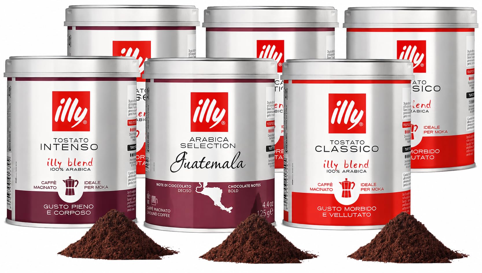 ILLY - 6 Barattoli da 125 Grammi di Caffè Macinato Assortite, Degustazione Monoarabilca Guatemala, Intenso, Classico