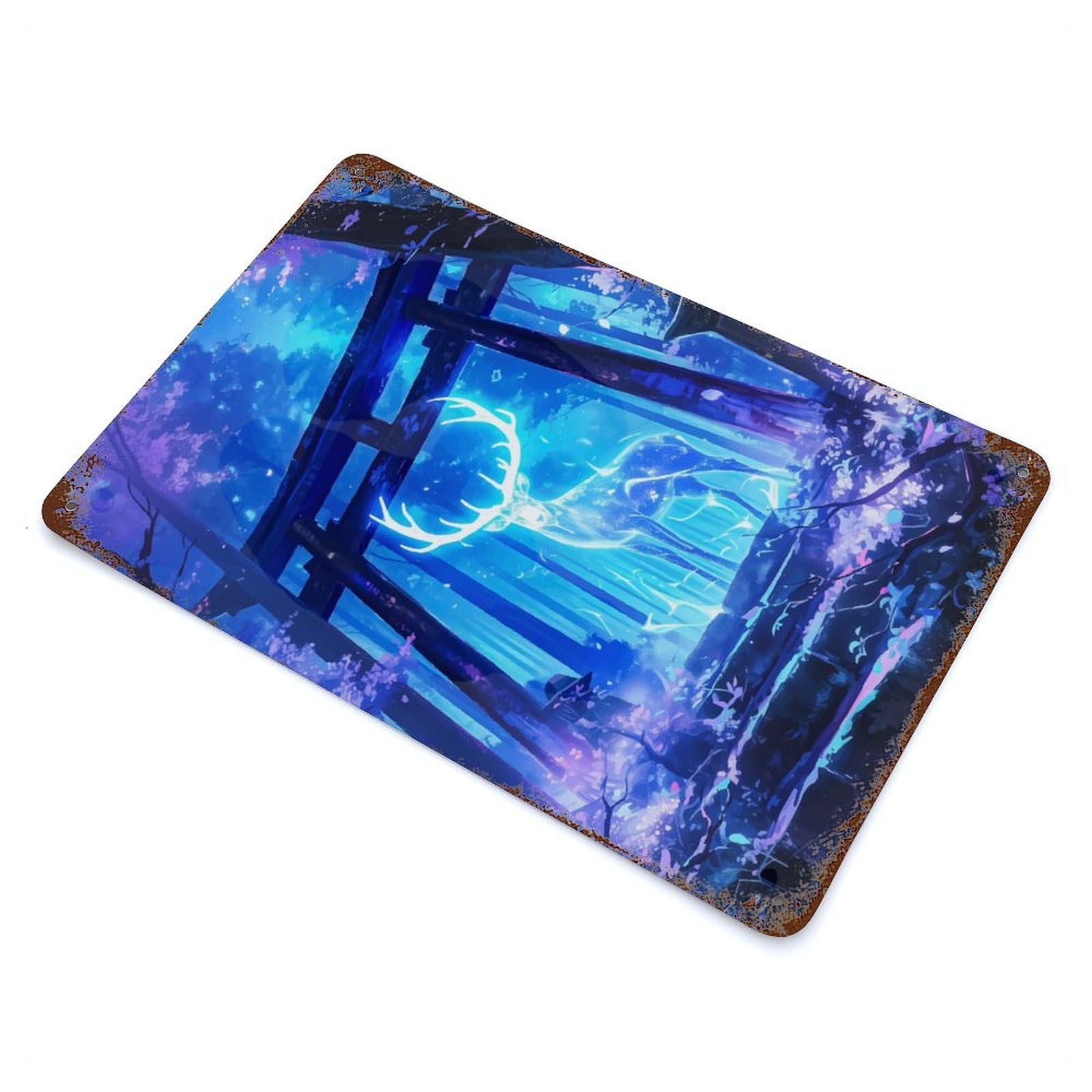 Glowing Deer in Forest Shrine 11.8"x7.9" Aged Metal Wall Plaque, Novelty Wall Decor for Garage, Bar And Workshop Decor