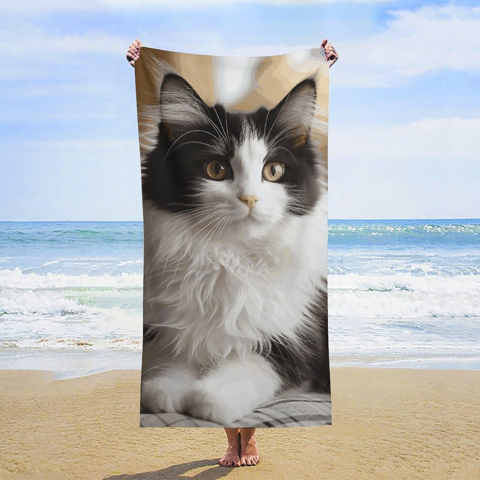 NTVOWPZO White and Black Kitten Sitting Beach Towel Oversized Microfiber Bath Towels Lightweight Sand Proof Beach Towels Absorbent Pool Towels for Swimming Yoga Bathroom Towel 31.5" X 63"
