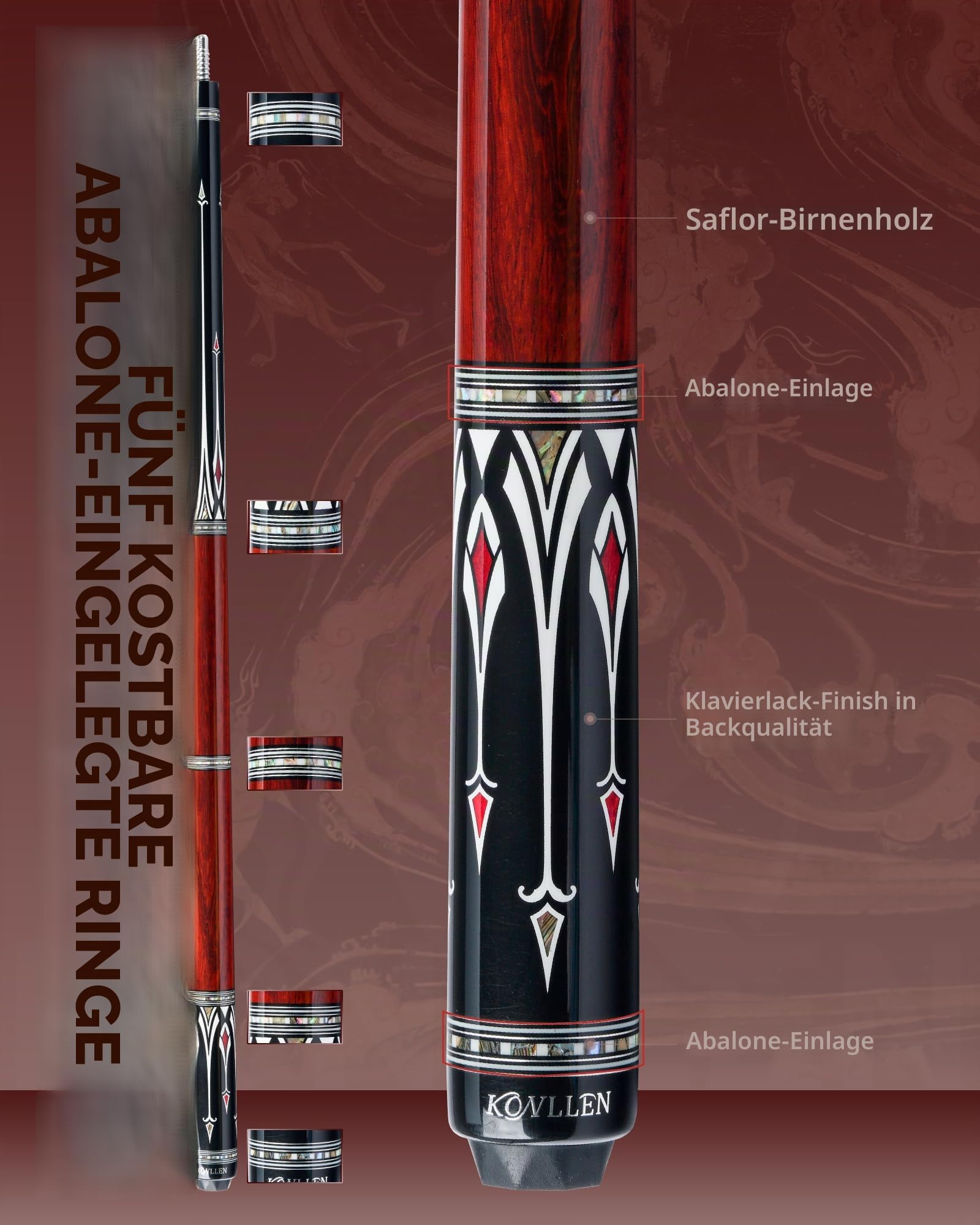 KONLLEN Billardqueue-Stick aus Karbonfaser, niedrige Ablenkung, handgefertigt, Inlay, ultraglatt, professionelles Gefühl, Billardqueue-Sticks für Erwachsene