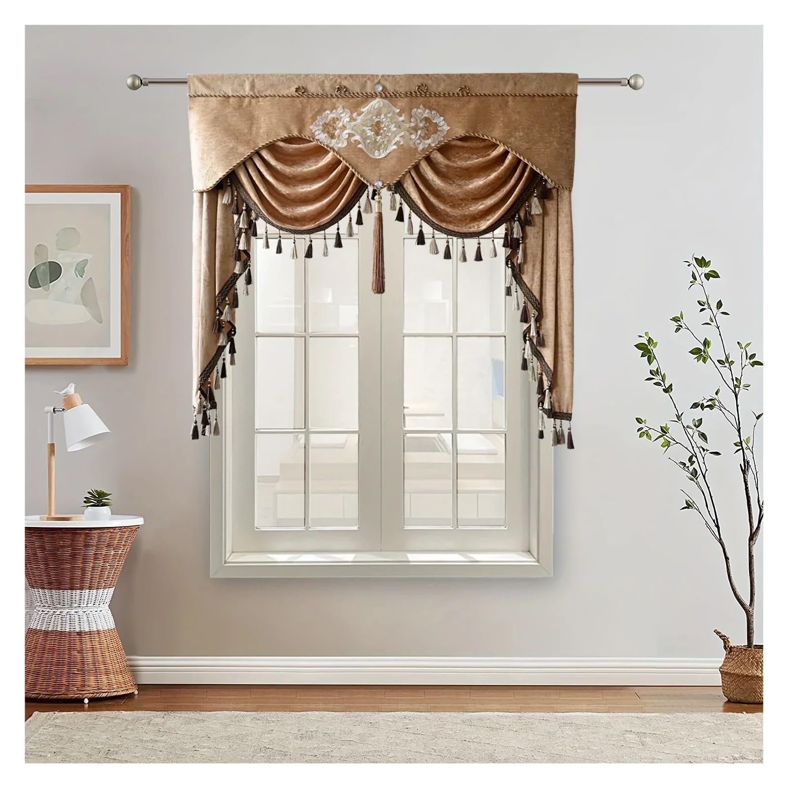 QMDSNFB Swags For Windows Brown Floral Valance For Living Room Luxury Flower Waterfall Swag Window Treatment For Bedroom, Rod Pocket Top