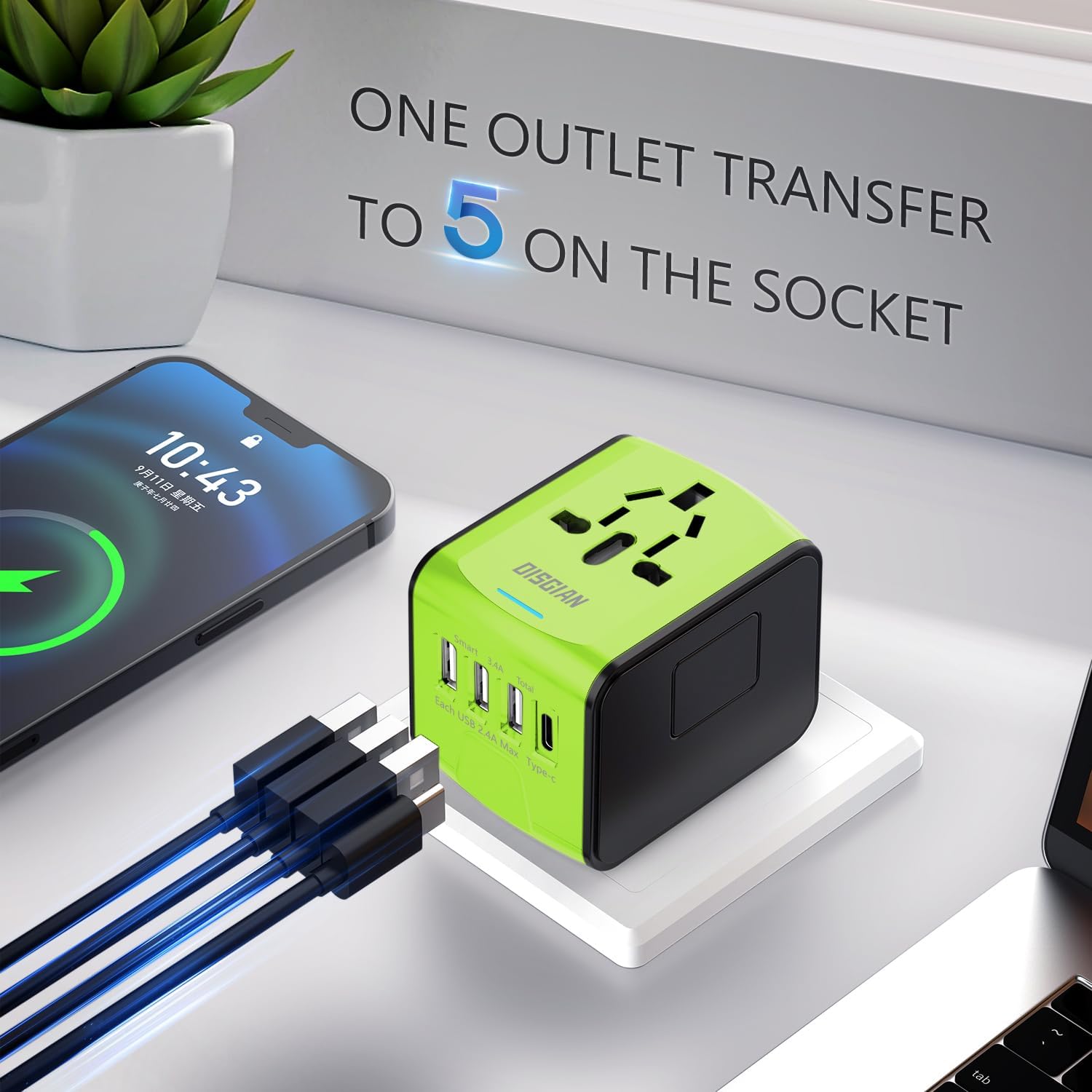 Travel Adapter, Universal International Power Adapter with 3USB Port And Type-C International Wall Charger Worldwide AC Power Plug for Multi-nation Travel UK, EU, AU Over 200 Countries (Green)