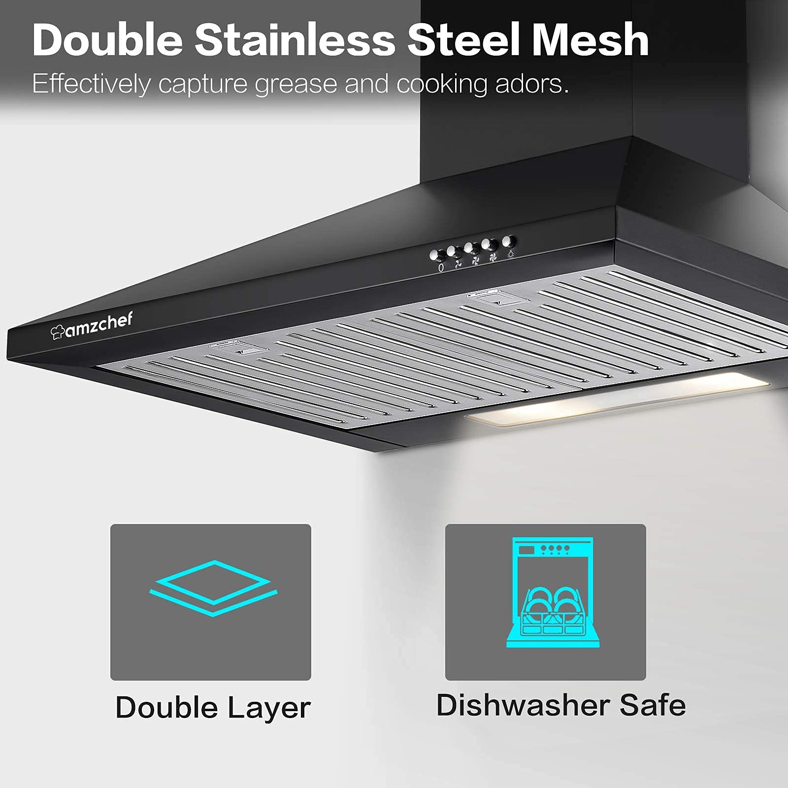 AMZCHEF Dunstabzugshaube 60cm – 370 M³/h Saugleistung, Umluft/Abluft, Edelstahl, Super Leise