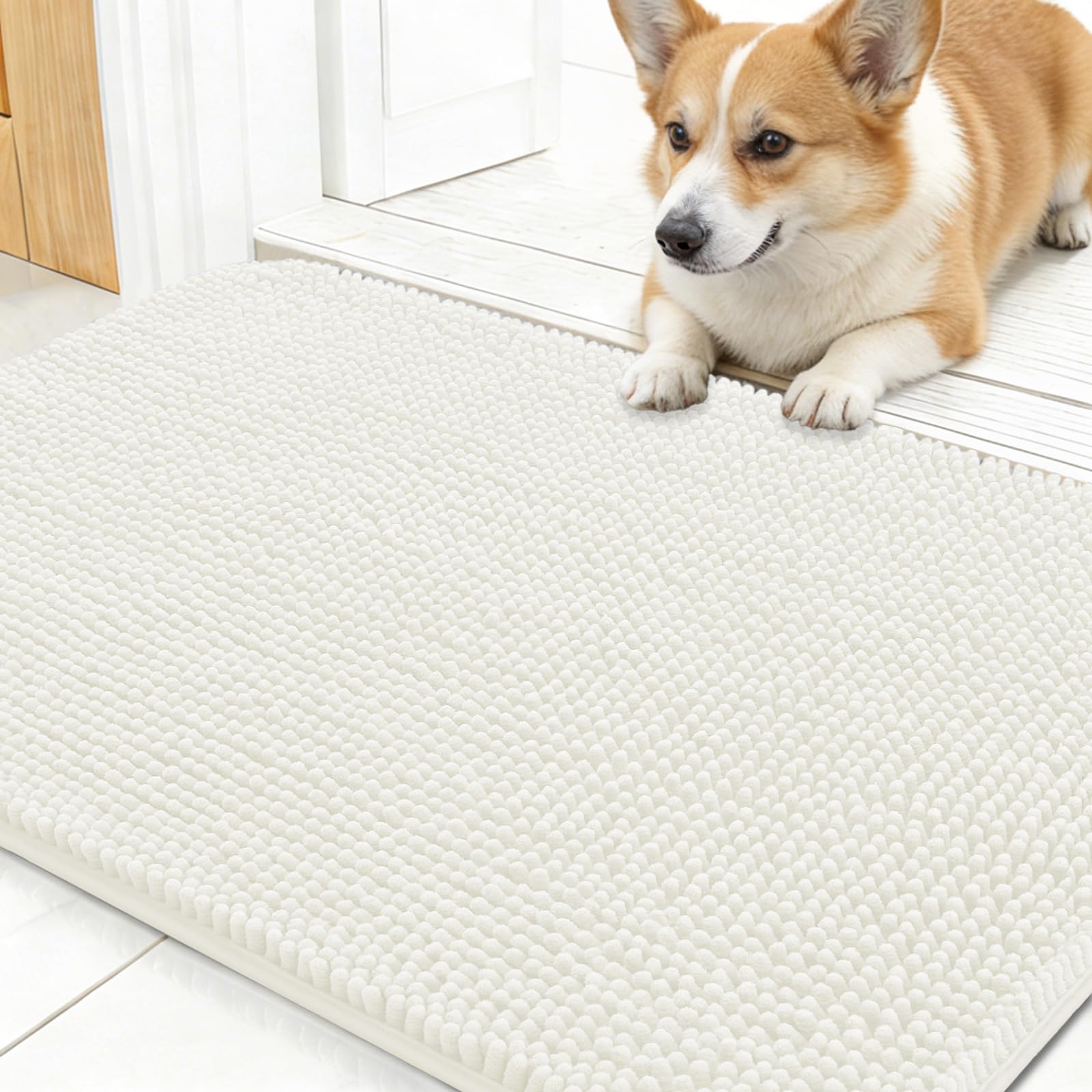 Photo 1 of OLANLY Dog Door Mat for Muddy Paws 24x16, Absorbs Moisture and Dirt, Absorbent Non-Slip Washable Doormat, Quick Dry Chenille Mud Mat for Dogs, Entry Indoor Entryway Carpet for Inside Floor, Ivory