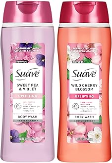 Suave Body Wash Variety 2-Pack, Sweet Pea & Violet + Wild Cherry Blossom – Gentle Body Washes with Floral Blend Oil Essence, 18 Oz Ea