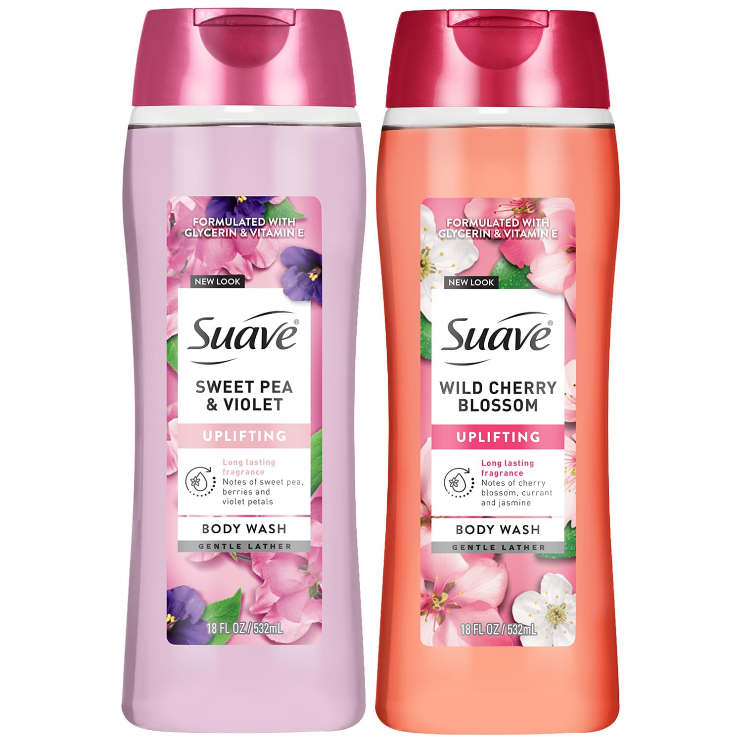 Suave Body Wash Variety 2-Pack, Sweet Pea & Violet + Wild Cherry Blossom – Gentle Body Washes with Floral Blend Oil Essence, 18 Oz Ea