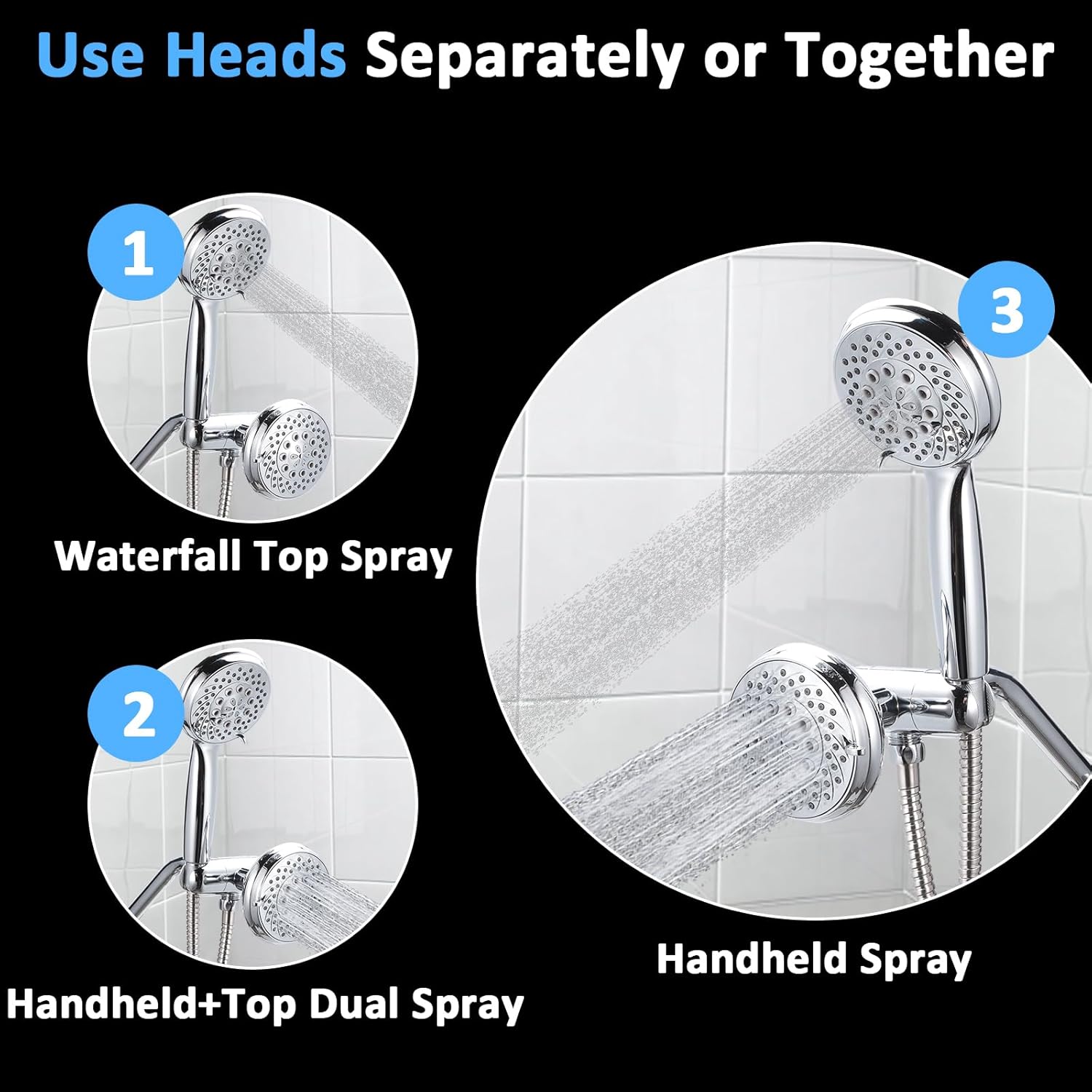 5 Mode High Pressure Shower Combo with Handheld and Fixed Shower,Stainless Steel Hose,Adjustable Bracket,Suitable for Cleaning Tub,Corner,Tile & Pets in Bathroom