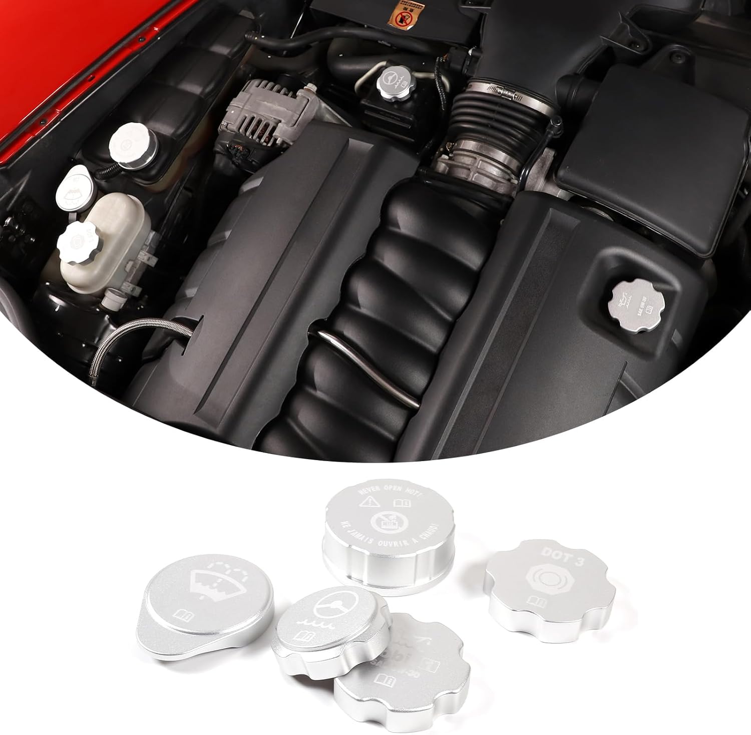 PIUGILH Car Engine Oil Cap Radiator Cap Brake Fluid Cap Cover Fit for C6 Corvette 2005-2013 Accessories, Aluminum Alloy Car Engine Bay Cap Cover Kit Protection Cover Trim, 5Pcs