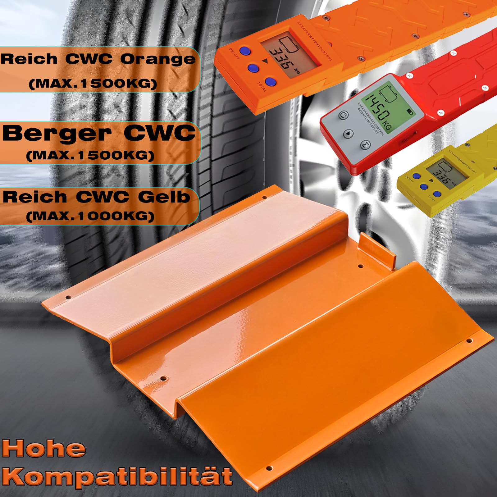 Auto-Fahrassistenz Hilfsrampe für Reich Berger CWC-Waagen mit montagemäßigem Halter, geeignet für Gewichtskontrollmessungen von Anhängern, Wohnmobilen, Campingwagen und Sattelzügen (orange).